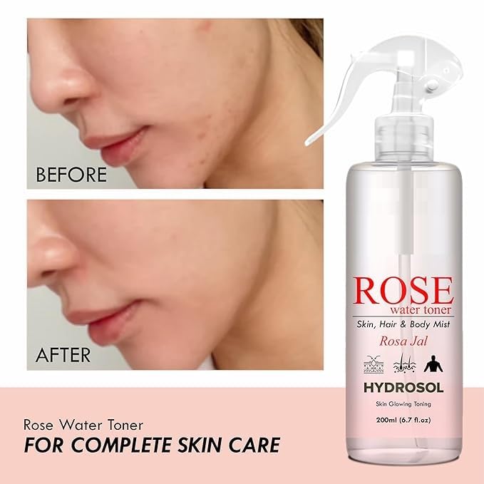 Organic Rose Water Toner 200ml - Hydrating Facial Mist for Dry & Sensitive Skin | Natural Skincare for Glowing Complexion | Perfect for Daily Use, After Sun Care & Makeup Setting