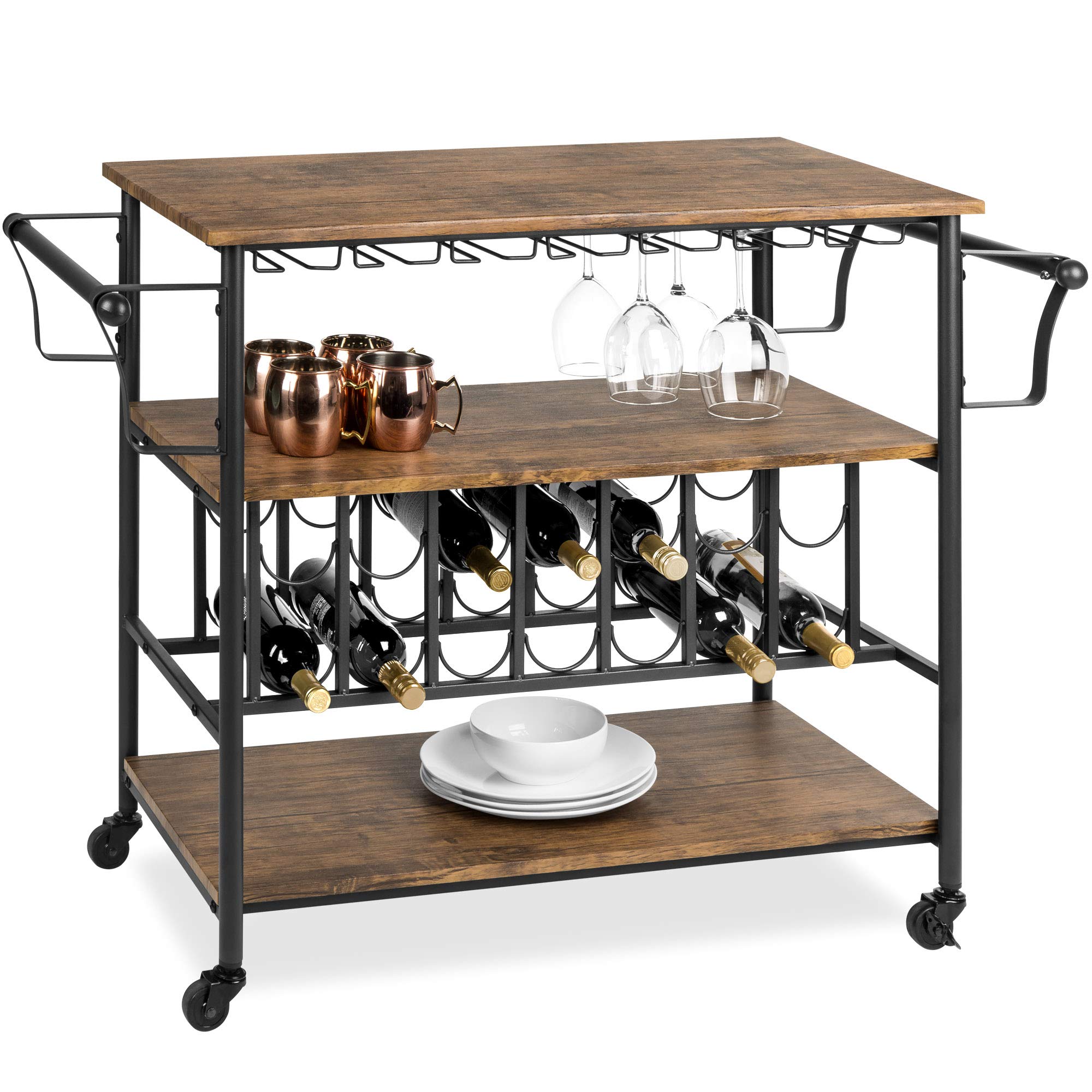 Best Choice Products 45-inch Industrial Wood Shelf Bar & Wine Storage Cart with 14 Bottle Racks & 18 Glass Holders, Locking Caster Wheels - Perfect for Home Bars, Restaurants, and Wine Cellars