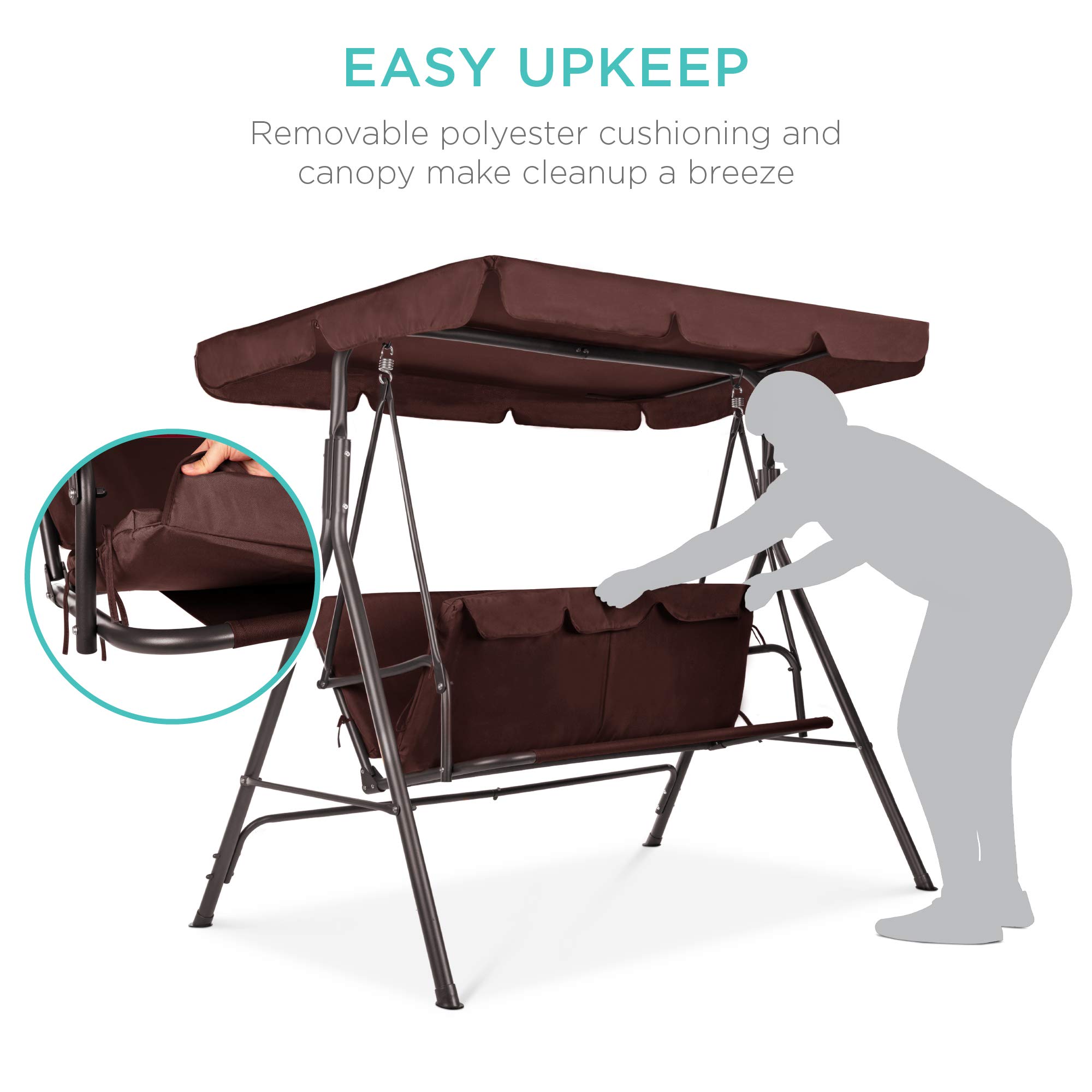 Best Choice Products 2-Person Outdoor Patio Swing Chair with Convertible Canopy - Hanging Glider Porch Bench for Garden, Backyard, Poolside - Adjustable Shade & Removable Cushions - Brown - Perfect for Relaxing, Lounging and Outdoor Entertaining