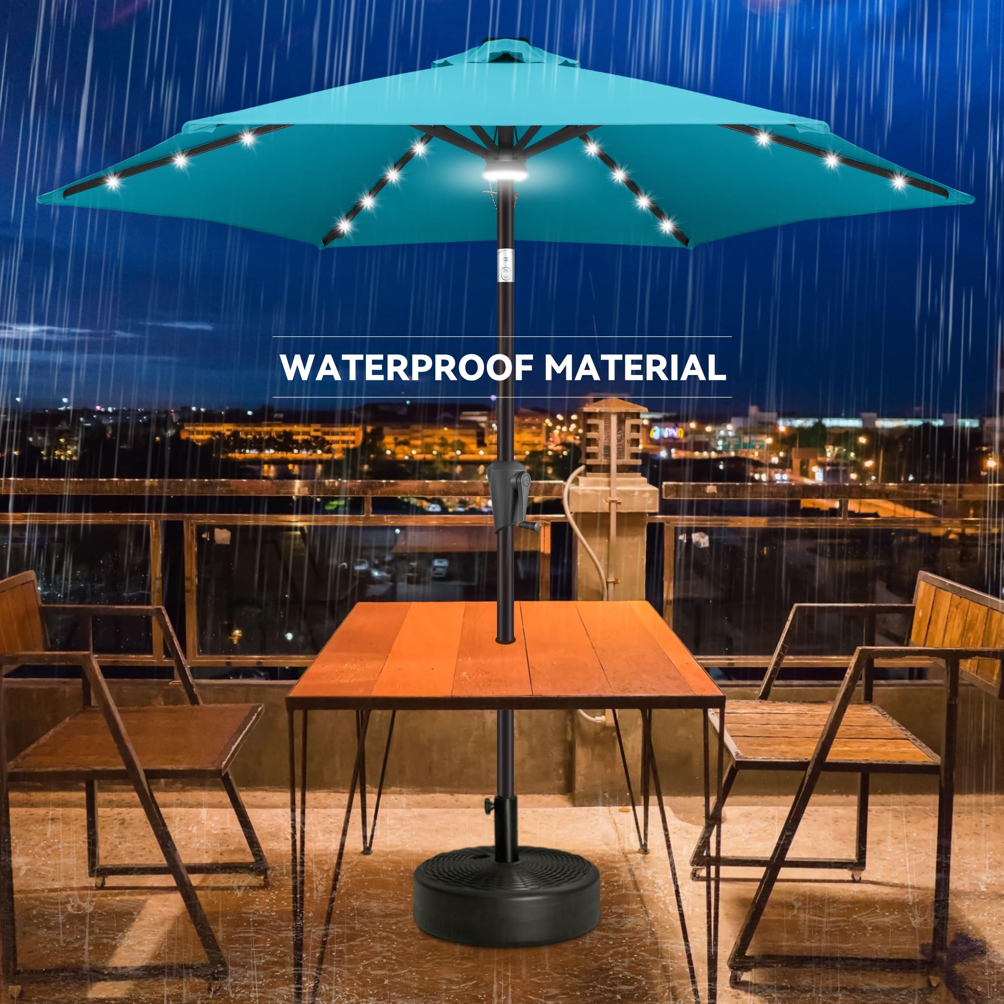 7.5ft Solar Powered LED Patio Umbrella with 24 Lights - Waterproof UV Protection Outdoor Market Umbrella with Tilt & Crank - Perfect for Poolside, Garden, Deck, Backyard & Outdoor Dining (Sky Blue)
