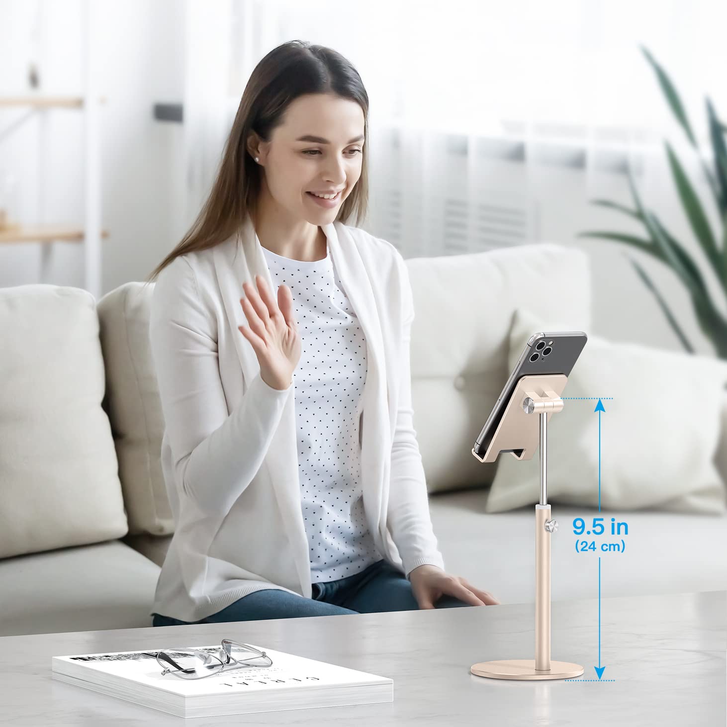 OMOTON Adjustable Aluminum Phone Stand for Desk - Gold | Compatible with iPhone 13/12/11/Pro/Max, Samsung Galaxy, All Smartphones & Tablets 4-11
