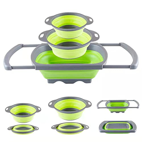 3-Piece Collapsible Kitchen Sink Strainer Set - Food Grade Silicone Colander with 2 Round & 1 Square Folding Strainers | BPA Free, Dishwasher Safe (Green) | Perfect for Washing Fruits, Vegetables, Pasta & Draining Dishes