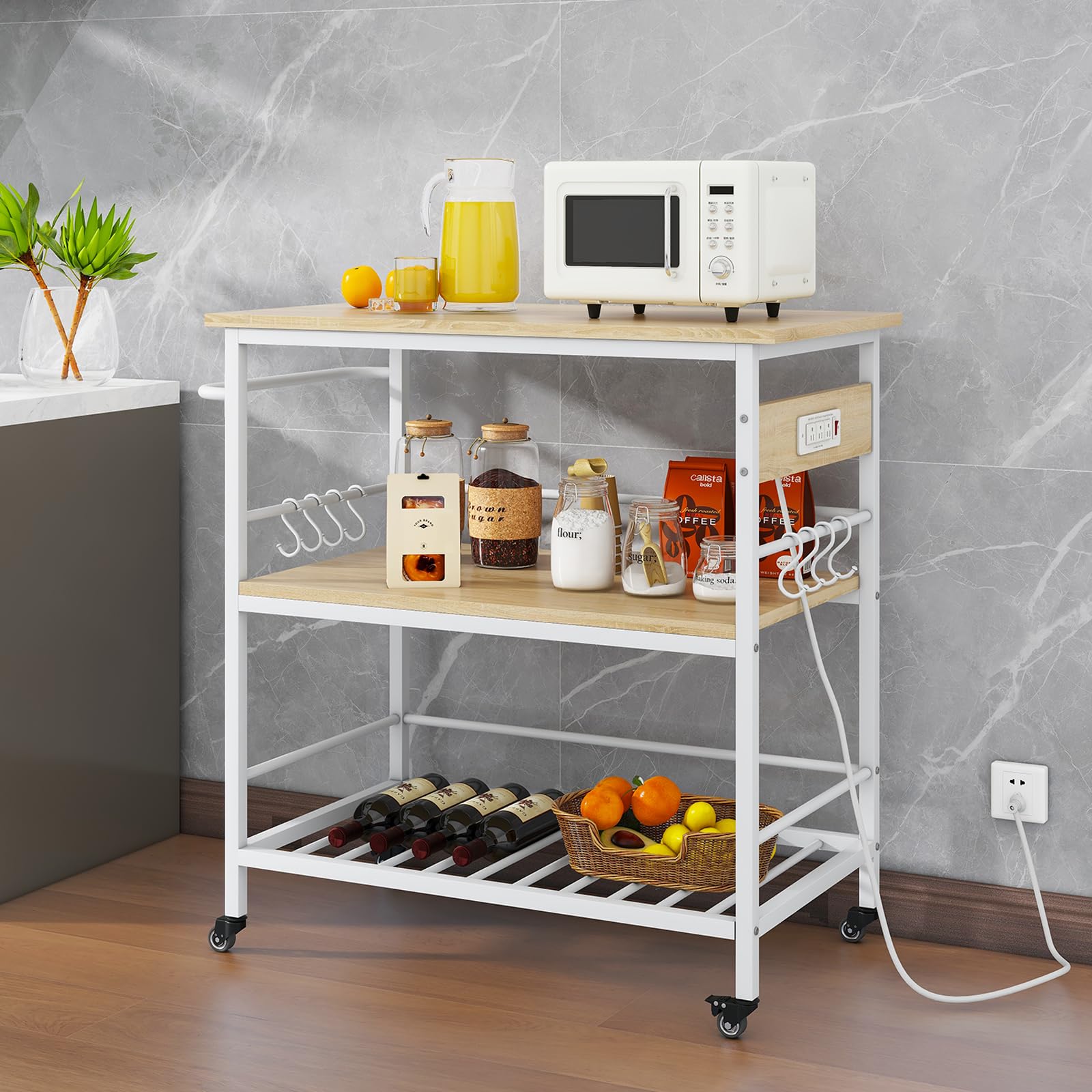 IBUYKE Kitchen Island with 3 Shelves & Power Outlet - Rolling Kitchen Cart with Large Worktop, Mobile Bar Table for Home, Outdoor & Commercial Use - Perfect for Food Prep, Entertaining & Small Space Storage