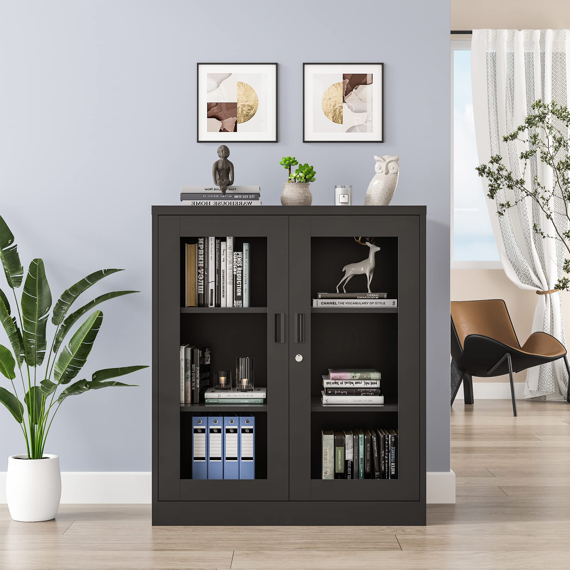 Metal Storage Cabinet with Glass Doors - Adjustable Shelves & Lockable Display for Home, Living Room, Hallway | Modern Sideboard & Bookcase for Collectibles, China, Decor