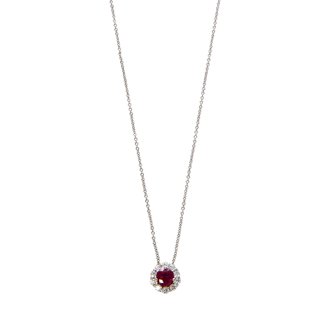 18K White Gold Ruby & Diamond Halo Pendant Necklace for Women - Elegant Jewelry Gift for Anniversary, Valentine's Day & Special Occasions