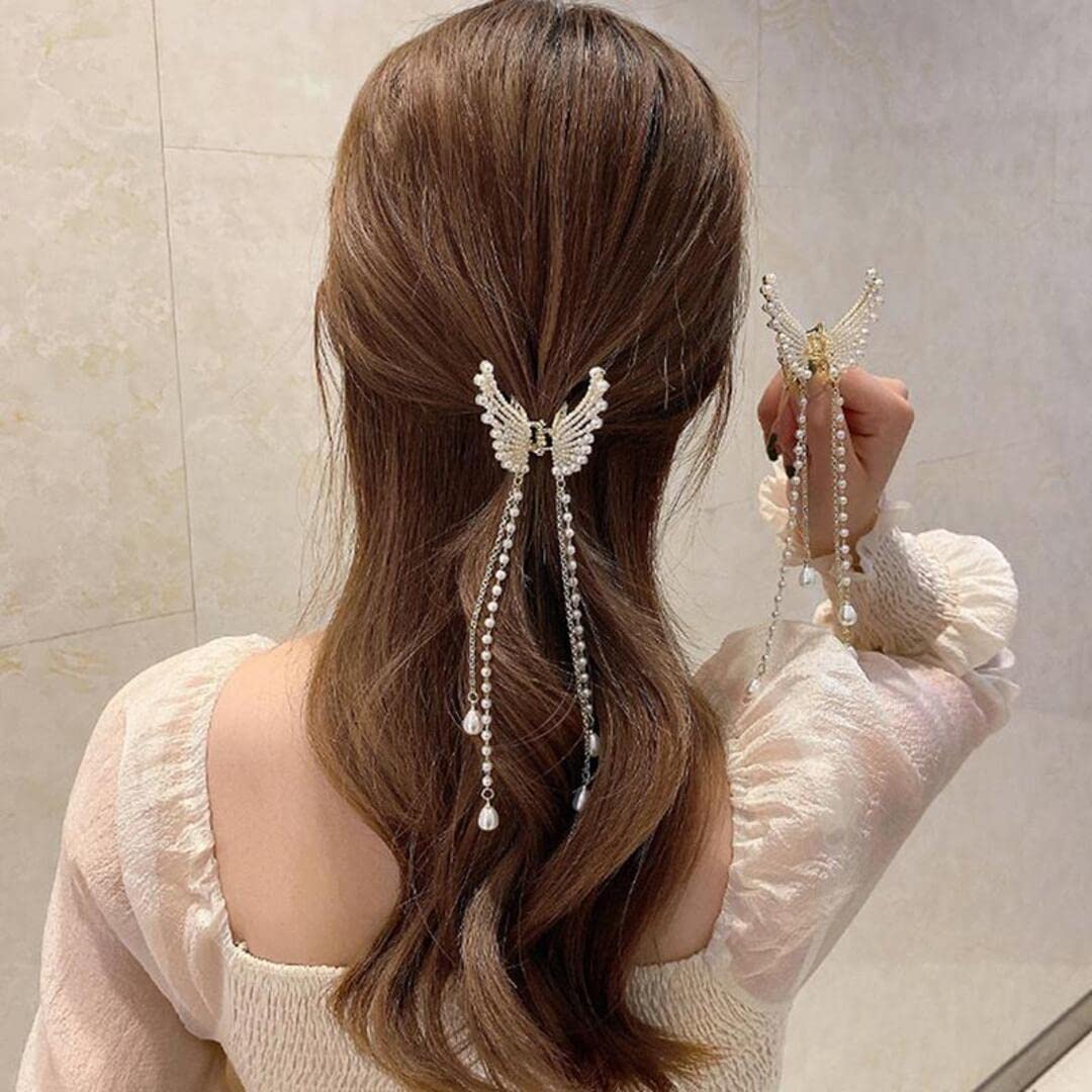 Korean Style Pearl Metal Hair Clutch - Golden Butterfly Hair Clip with Tassel for Women & Girls | Elegant Hair Accessories for Parties, Weddings & Everyday Use (Pack of 1)