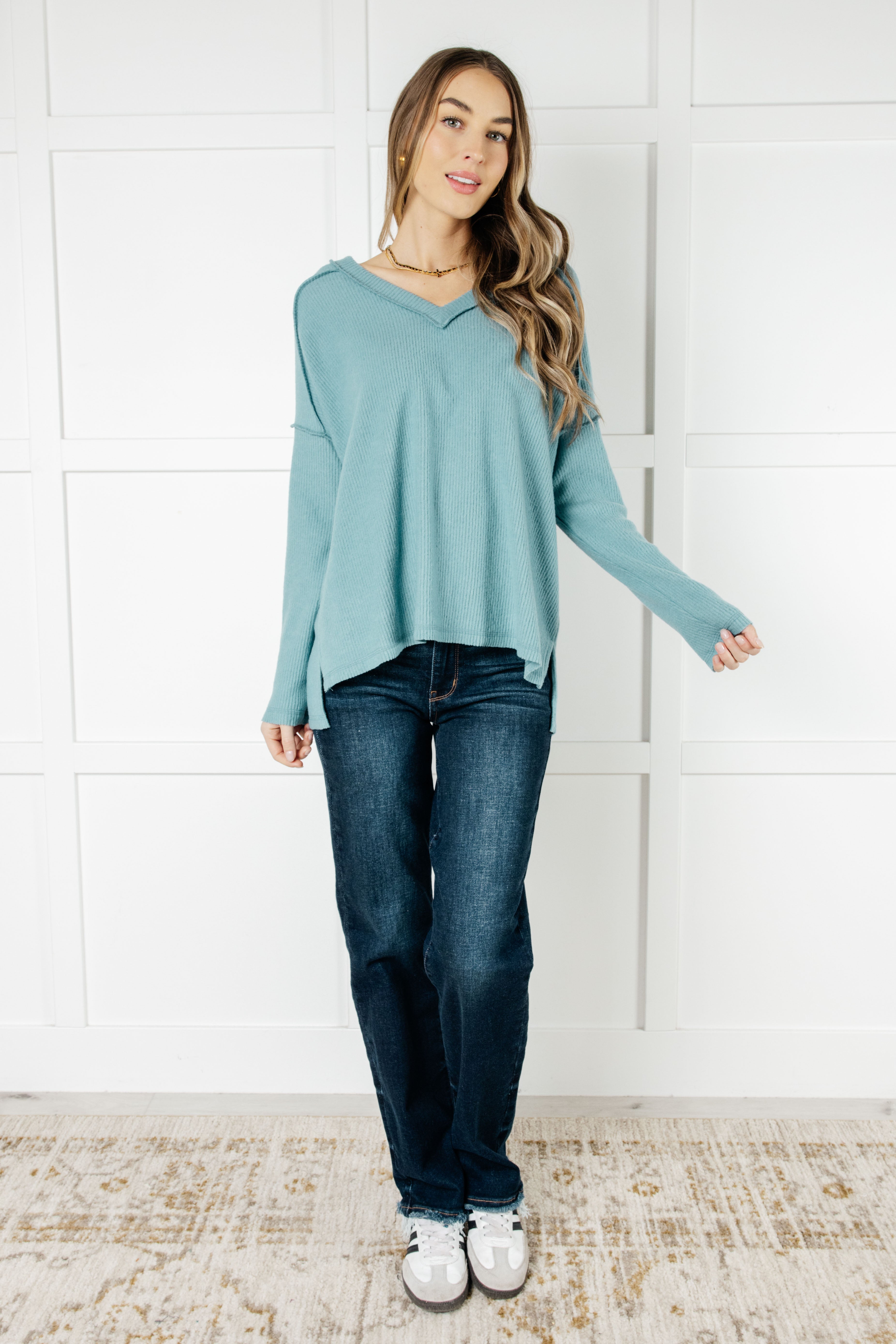 Soft Brushed Hacci Sweater Top in Dusty Teal | Cozy Winter Pullover for Women | Perfect for Casual Outfits & Layering in Cold Weather