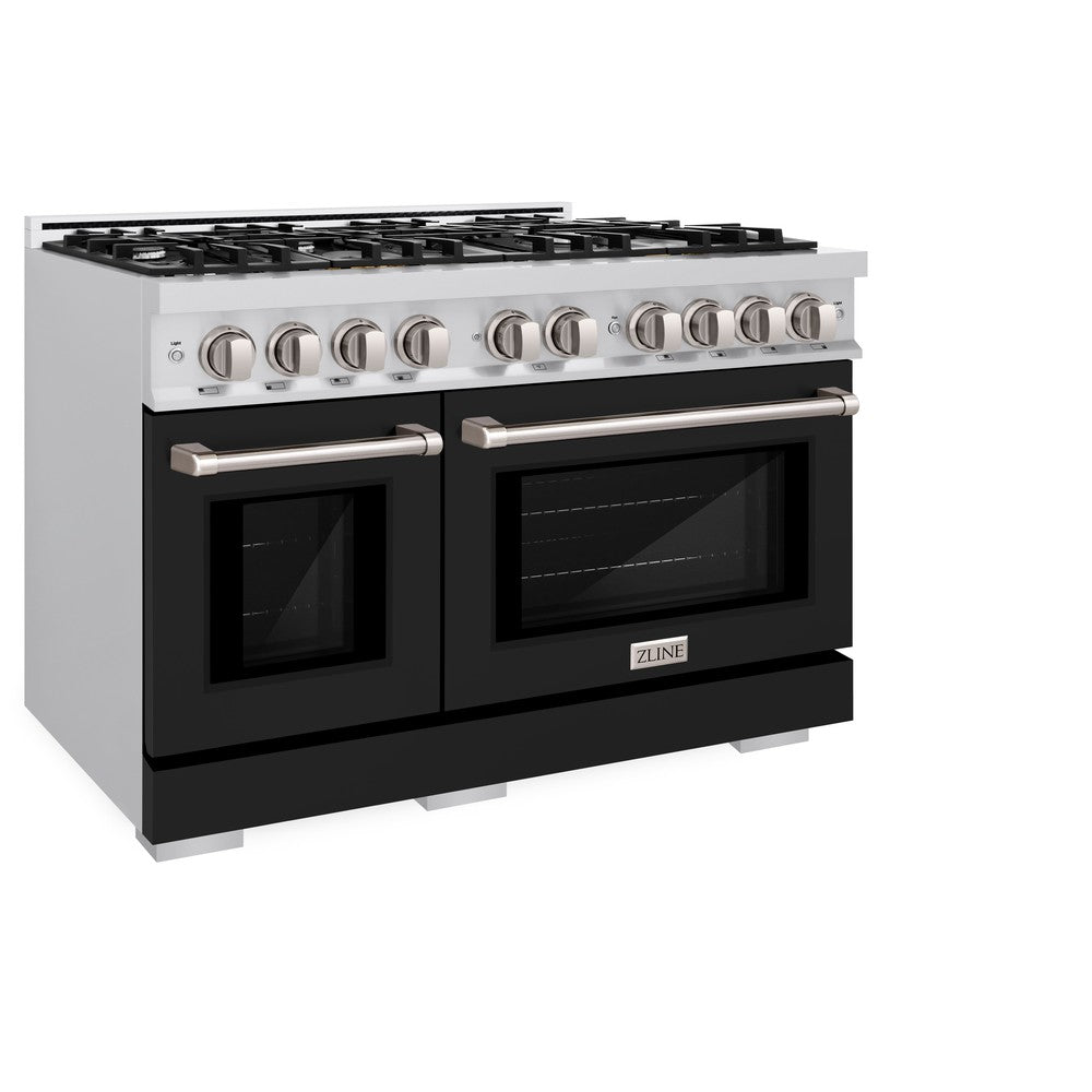 ZLINE 48 Inch 6.7 Cu. Ft. Professional Double Oven Gas Range with 8 Burner Cooktop - Stainless Steel with Black Matte Doors (HGR BLM 48) - Perfect for Large Family Kitchens & Gourmet Cooking