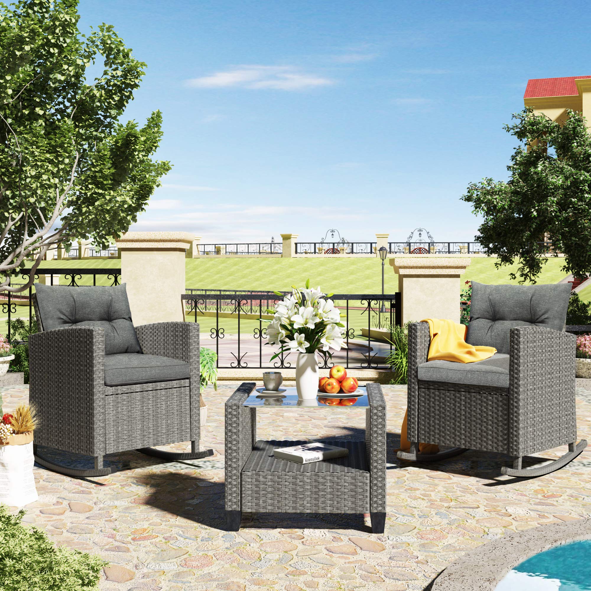 3-Piece Outdoor Rocking Patio Furniture Set - PE Wicker Rattan Sofa with Cushions & Glass-Top Coffee Table - Weather-Resistant Gray Garden Backyard Set for Relaxing, Entertaining & Lounging