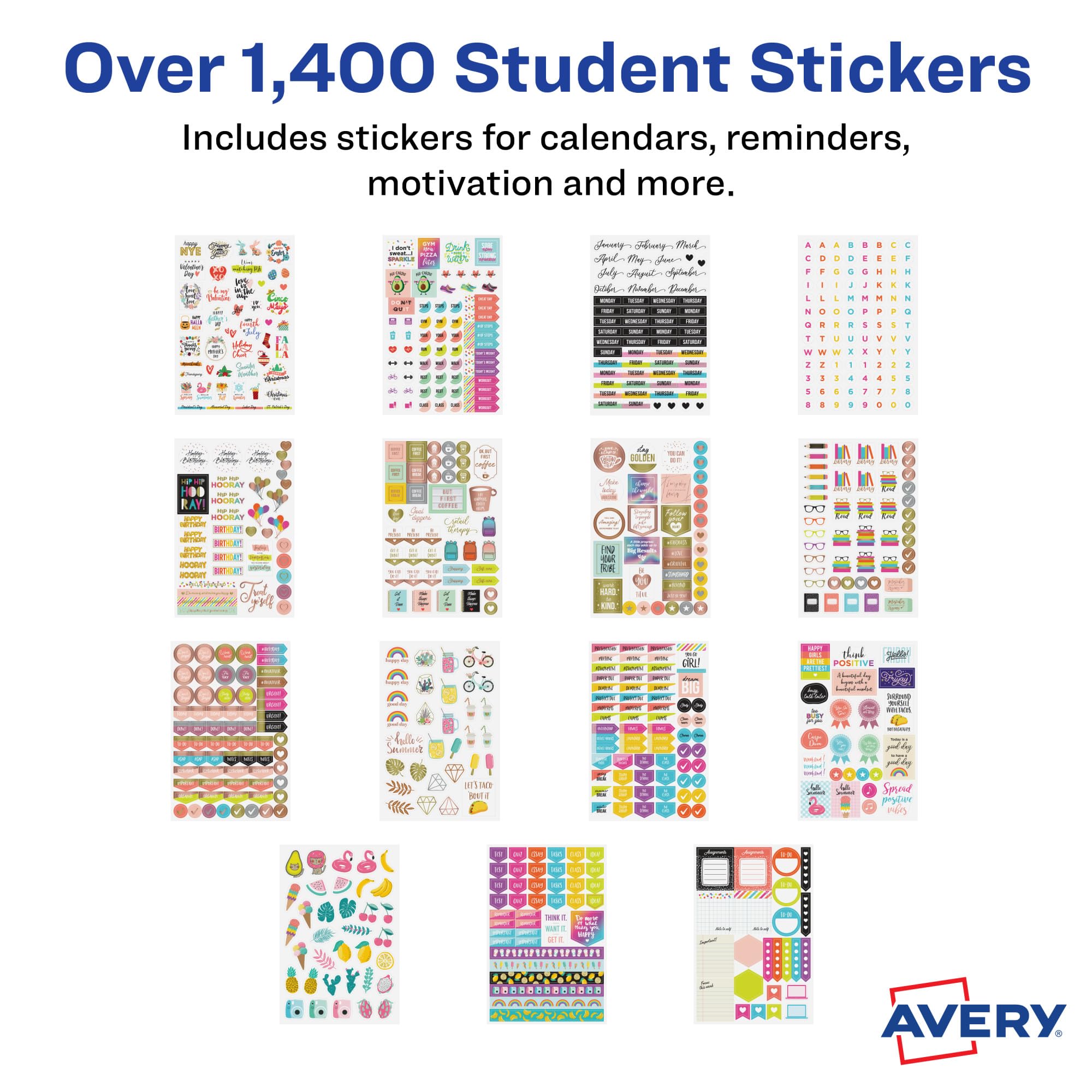 Avery Student Planner Stickers Pack - 1,452 Colorful Stickers for School Planners, Journals & Calendars | 30 Sheets | Perfect for Organizing Homework, Exams & Daily Schedules (6784)