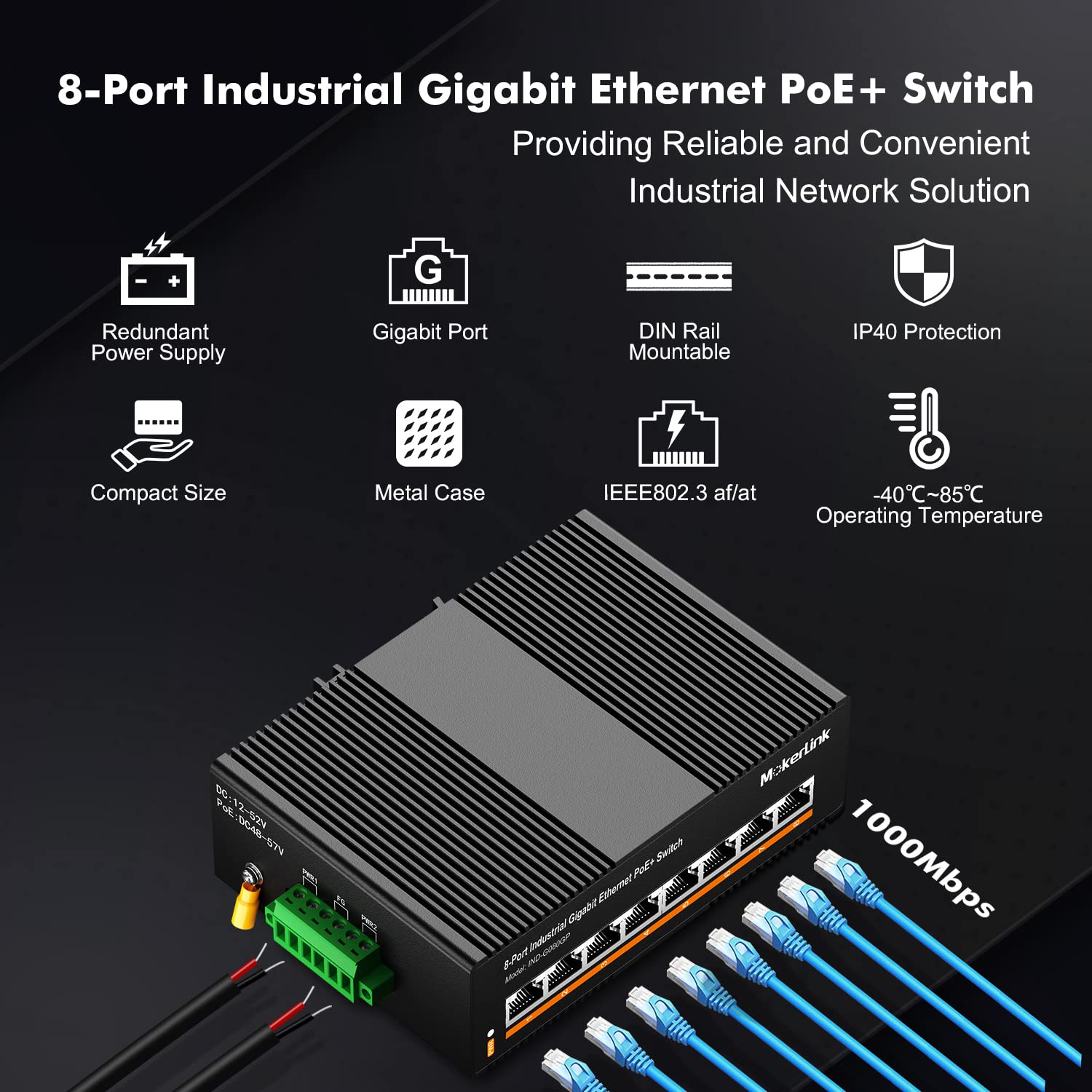MokerLink 8 Port PoE Gigabit Industrial DIN-Rail Ethernet Switch | 96W PoE+ Power | 16Gbps Switching Capacity | IP40 Rated Unmanaged Network Switch | Wide Temperature Range (-40°F to 185°F) | Includes Power Supply | Ideal for Industrial Automation, Security Systems & Harsh Environments