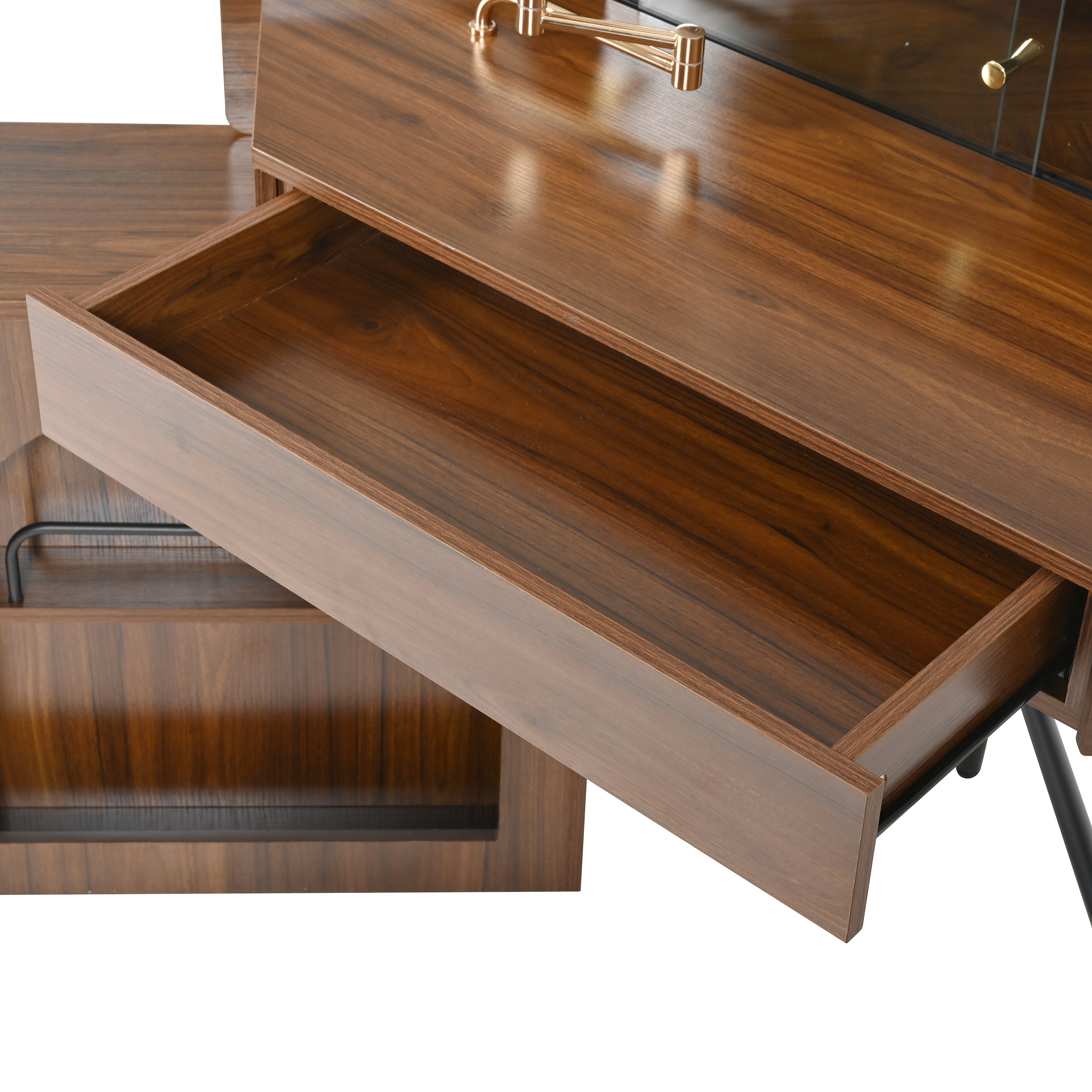 Modern Corner Makeup Vanity Desk with LED Lights & Adjustable Mirror - Walnut Dressing Table Set with Stool & Large Storage for Small Spaces | Perfect for Bedroom, Apartment & Studio Makeup Organization