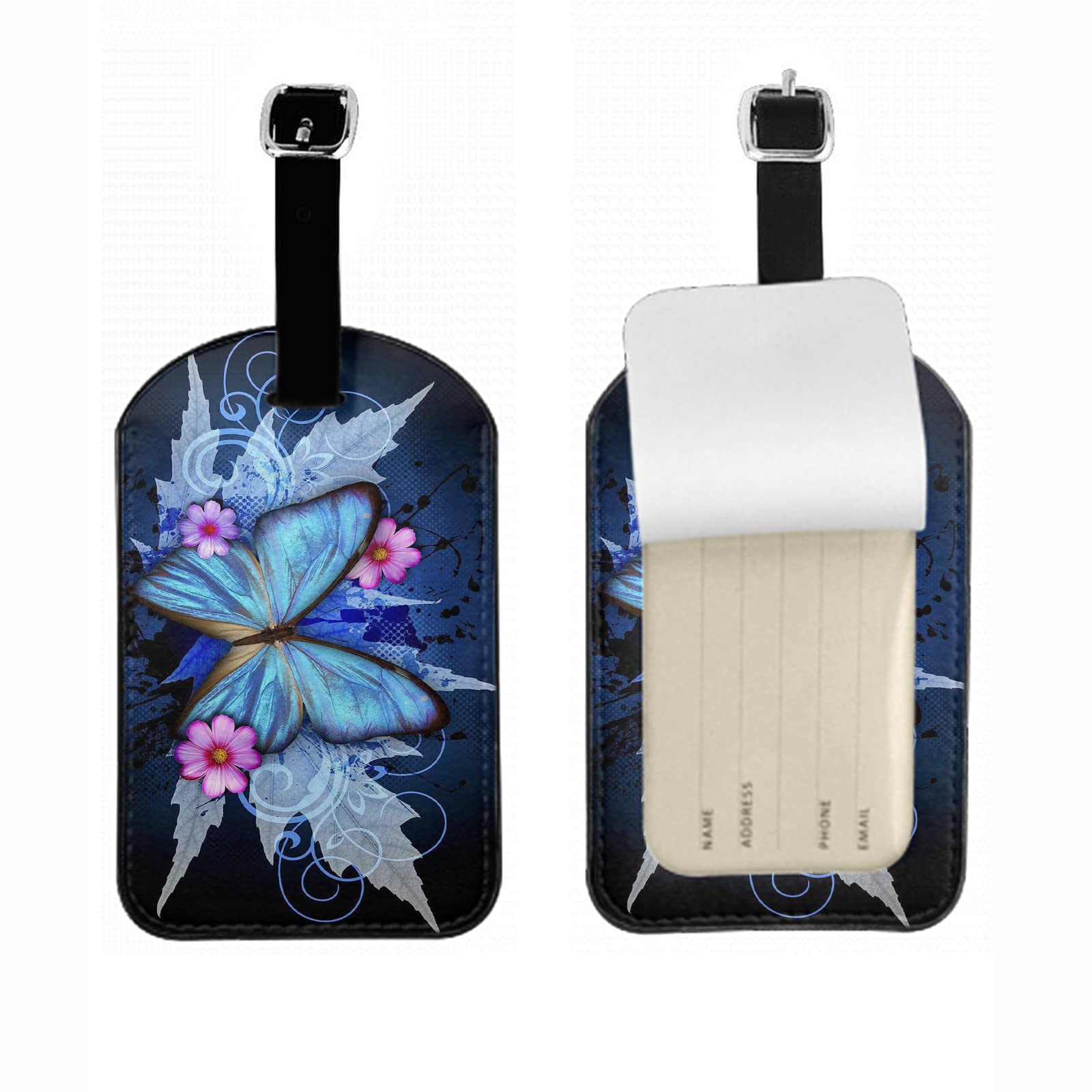 Blue Butterfly Travel ID Tags with Pink Flowers & Stroke Splashes - Nature Inspired Luggage Tags for Privacy Protection (1 Pack) - Perfect for Suitcases, Bags & Travel Accessories | Ideal for Airports, Vacations & Business Trips