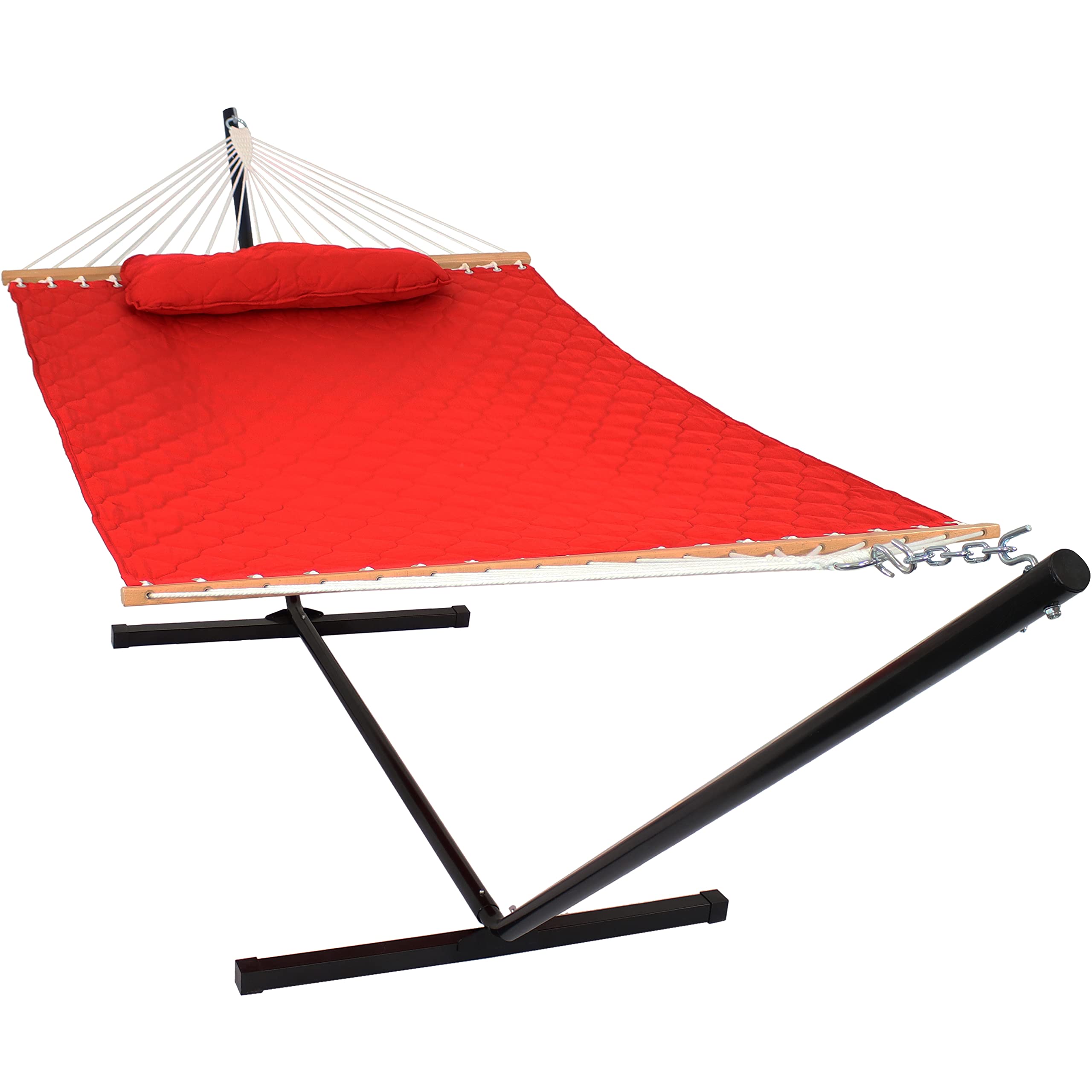 Sunnydaze Quilted Fabric Double Hammock with 12-Foot Steel Stand - 400 lb Weight Capacity - Black Frame & Red Fabric - Outdoor Patio, Backyard, Camping, Beach Relaxation