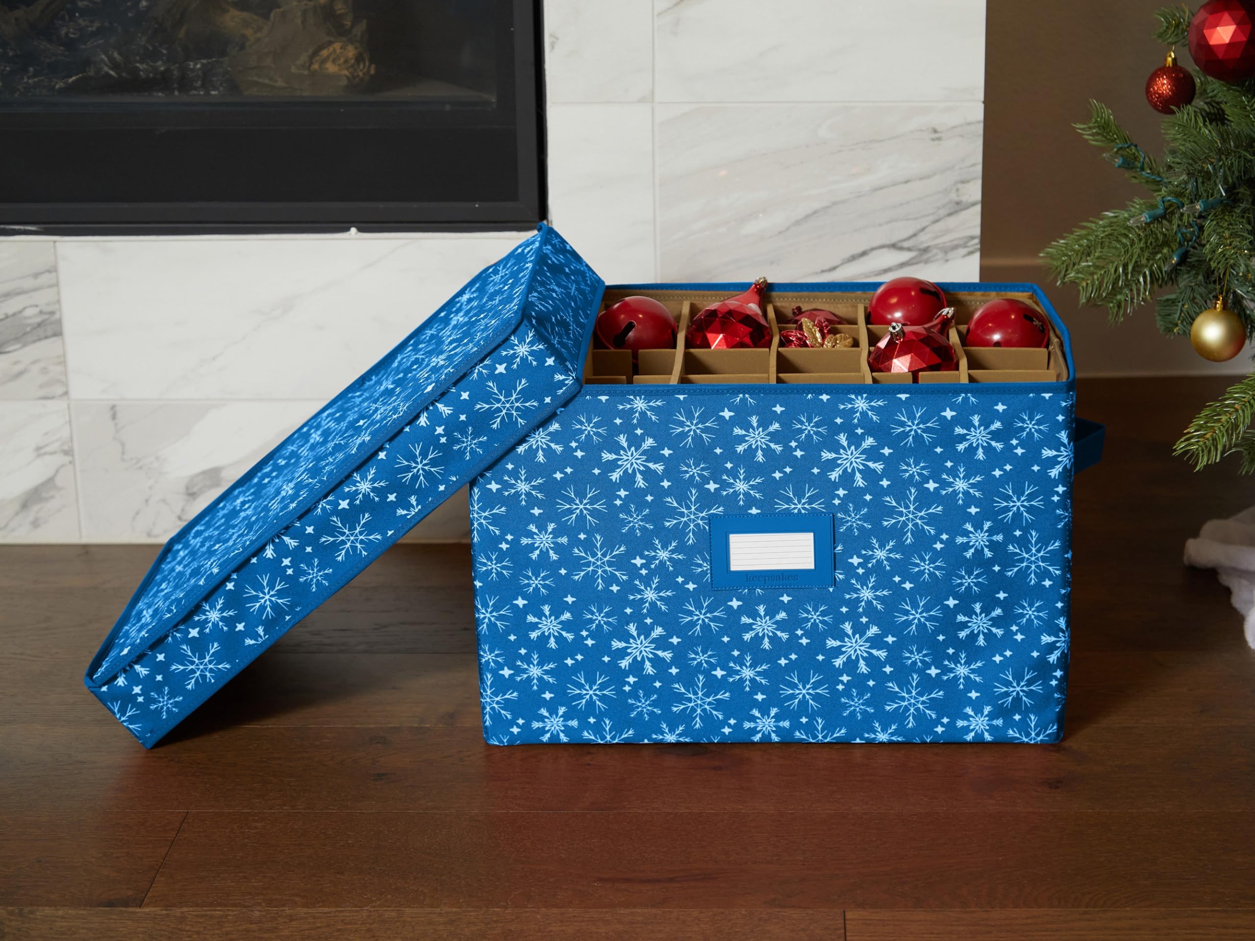 Covermates Keepsakes Adjustable Ornament Storage Box with Carrying Handles & Padded Protection - Holiday Decoration Organizer for Christmas Tree Ornaments (Blue Snowflake Design) - Perfect for Seasonal Storage & Home Organization