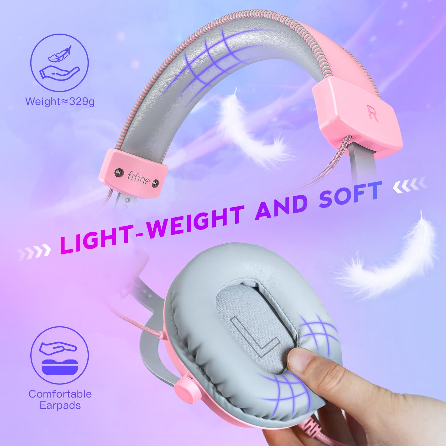 FIFINE USB Gaming Headset with Detachable Mic - 7.1 Surround Sound Wired Headphones for PC, PS5, Xbox & Switch - Over-Ear Noise Cancelling Headset with Volume Control (Pink) - Perfect for Live Streaming, Gaming & Online Classes