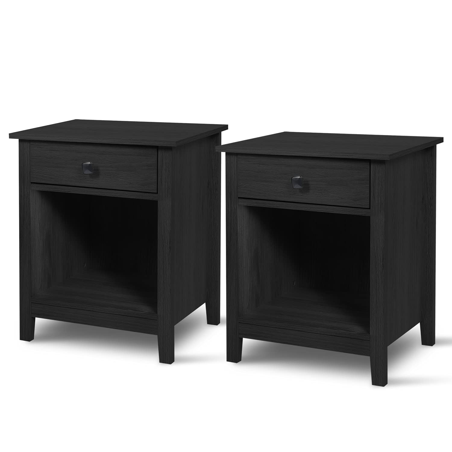 LTMEUTY Wood Nightstand Set of 2 - Black Bedside Tables with Drawers & Open Shelf, Modern Bedroom Night Stands for Storage & Organization | Perfect for Small Spaces, Apartments & Guest Rooms