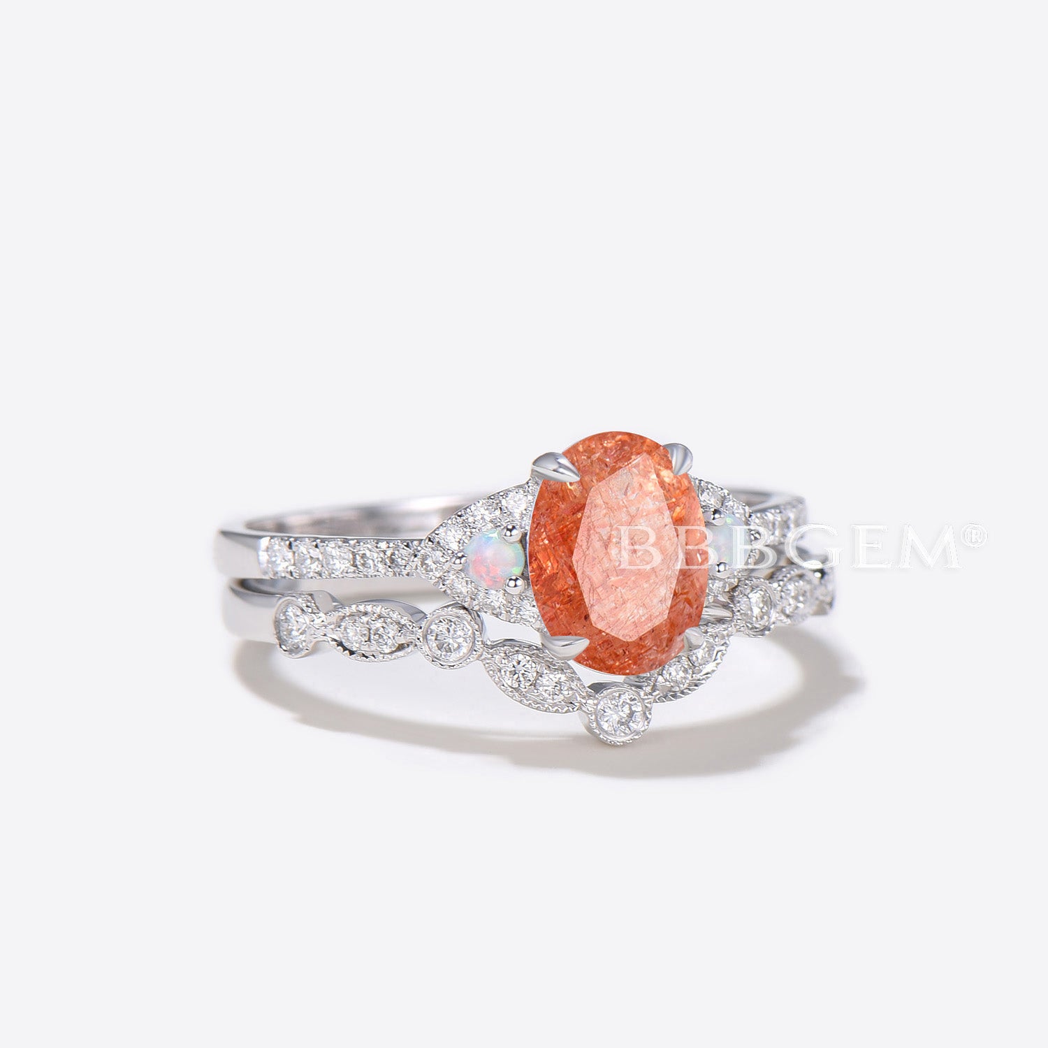 Elegant Oval Sunstone Engagement Ring in 14K White Gold with Cluster Diamonds - Perfect for Weddings, Proposals & Anniversary Gifts