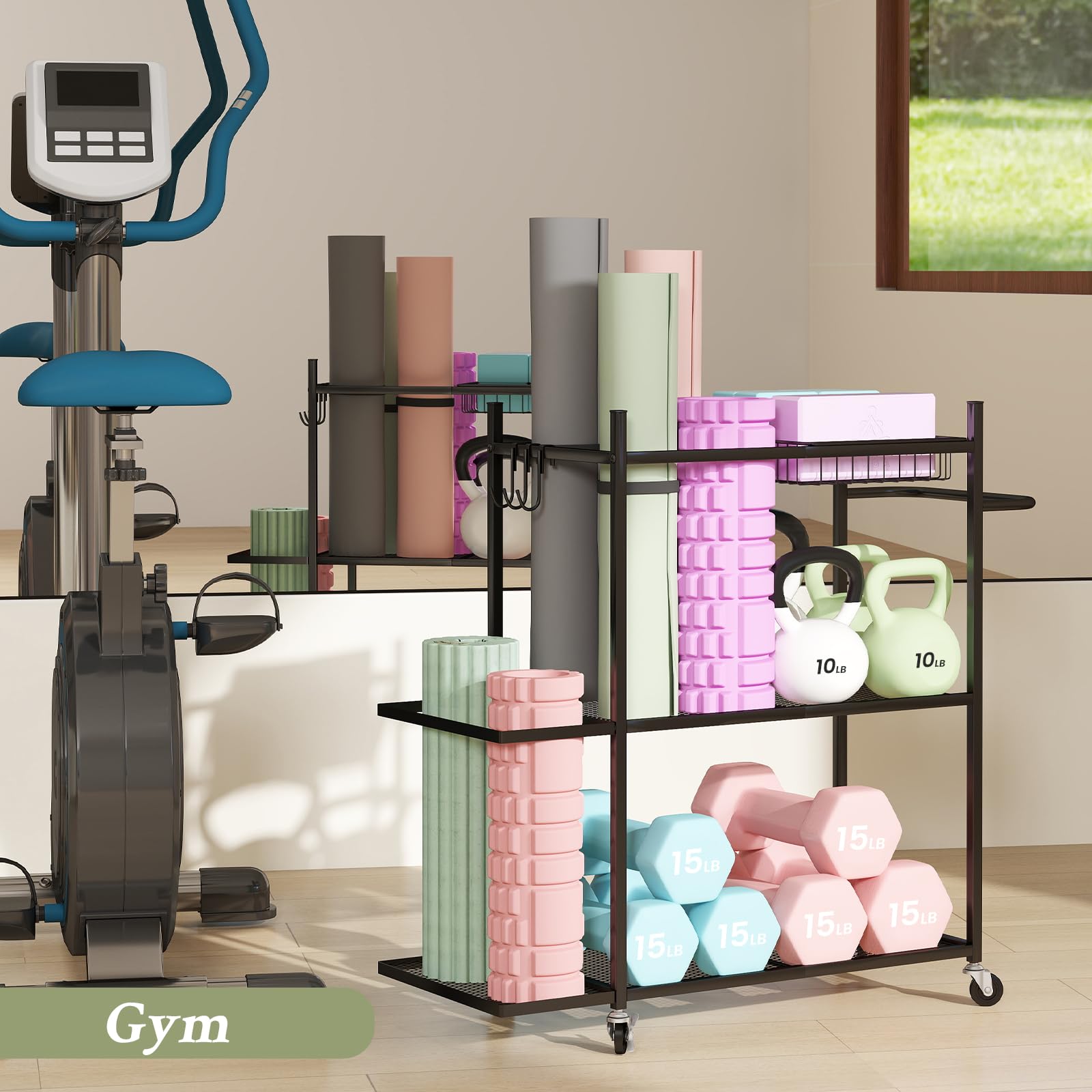 Premium Yoga Mat Storage Rack - Heavy Duty Home Gym Organizer for Dumbbells, Kettlebells & Workout Equipment with Removable Hooks - Space Saving Yoga Mat Holder for Easy Mobility - Perfect for Home Gym, Yoga Studio & Fitness Room Organization