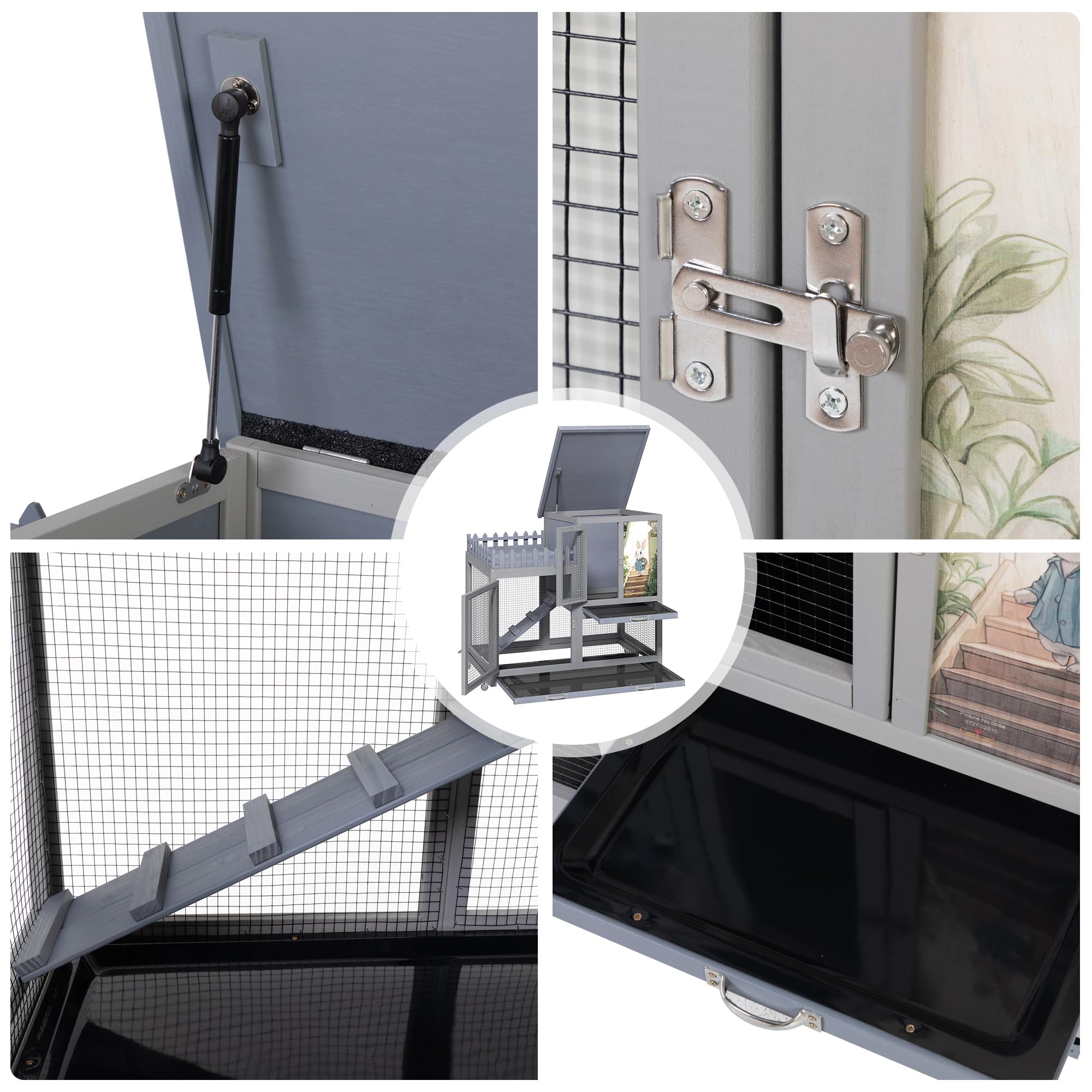 Premium Wooden Rabbit Hutch with Balcony - Indoor/Outdoor Bunny Cage on Wheels for Small Pets, Includes Ramp, Pull-Out Tray & Water Bottle (Grey Pattern) - Perfect for Backyard, Patio or Home Decor