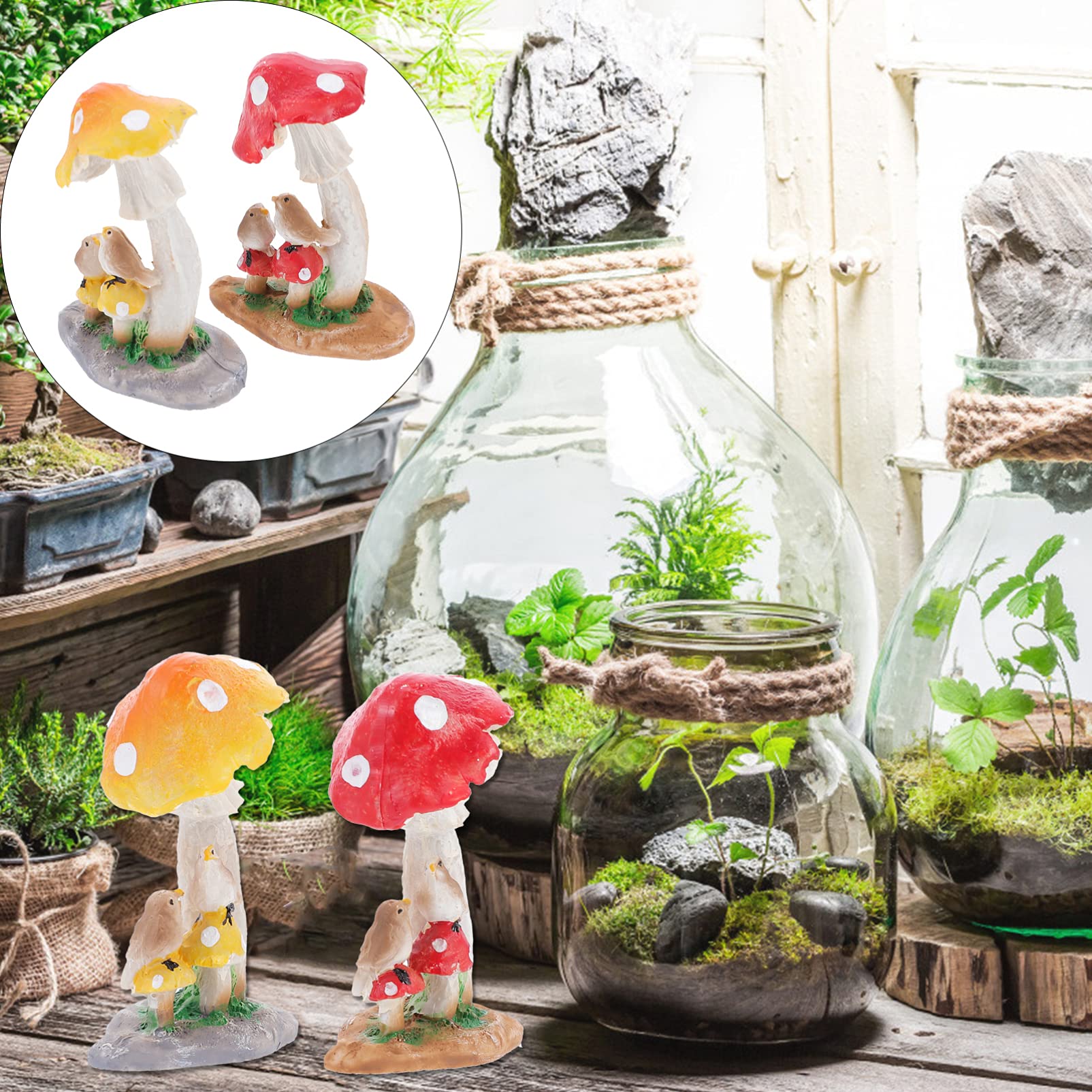 2pcs Mushroom Ornament Resin Craft Figurines - Cute Home Decor, Garden Fairy Decor, Shelf Display, DIY Terrarium Accents for Indoor Outdoor Decoration