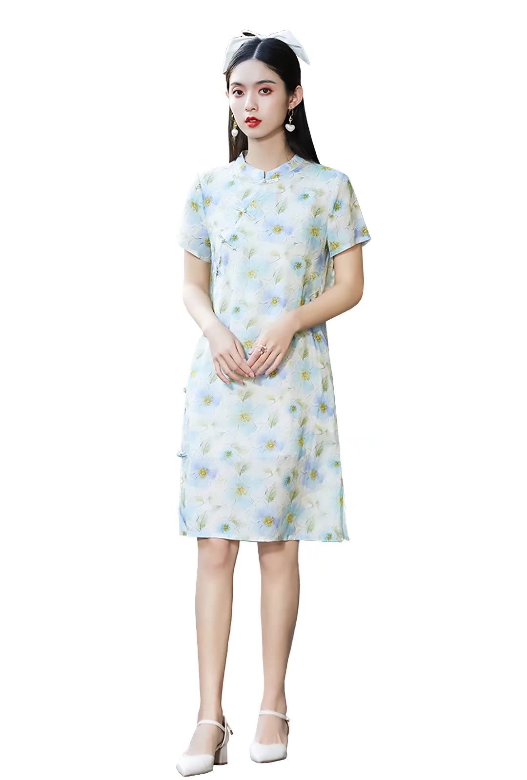Elegant Ramie Floral Print Cheongsam Dress - Chinese Style A-Line Summer Skirt with Loose Fit for Everyday Wear | Perfect for Tea Parties, Cultural Events & Casual Outings