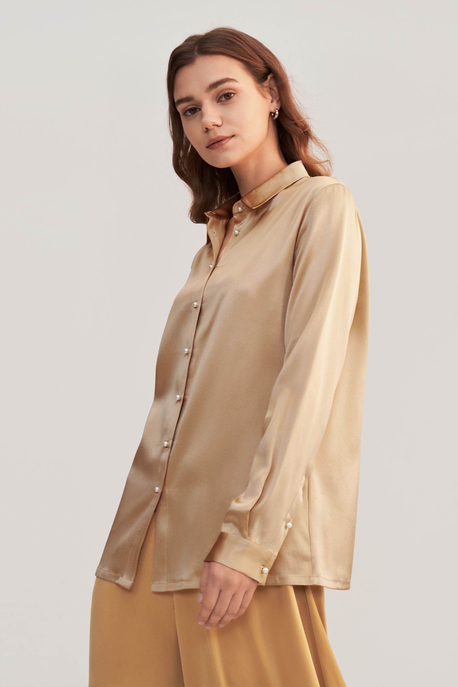 Elegant Classic Pearl Button Silk Shirt for Women - Vintage Style Blouse for Office, Party & Special Occasions