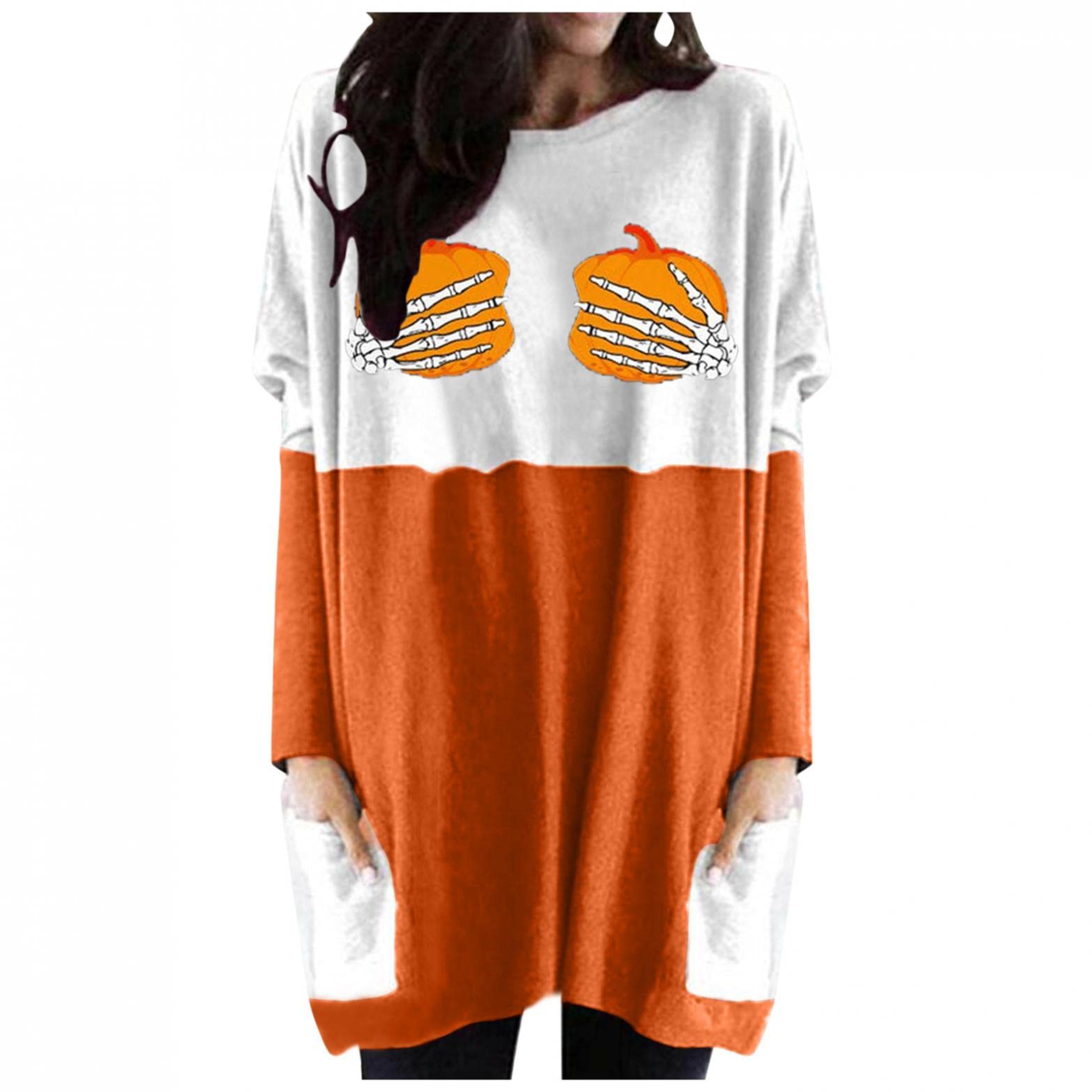Women's Waffle Knit Tunic Blouse - Halloween Pumpkin Print Long Sleeve Shirt for Costume Parties & Fall Fashion | Cozy Autumn Layering Top