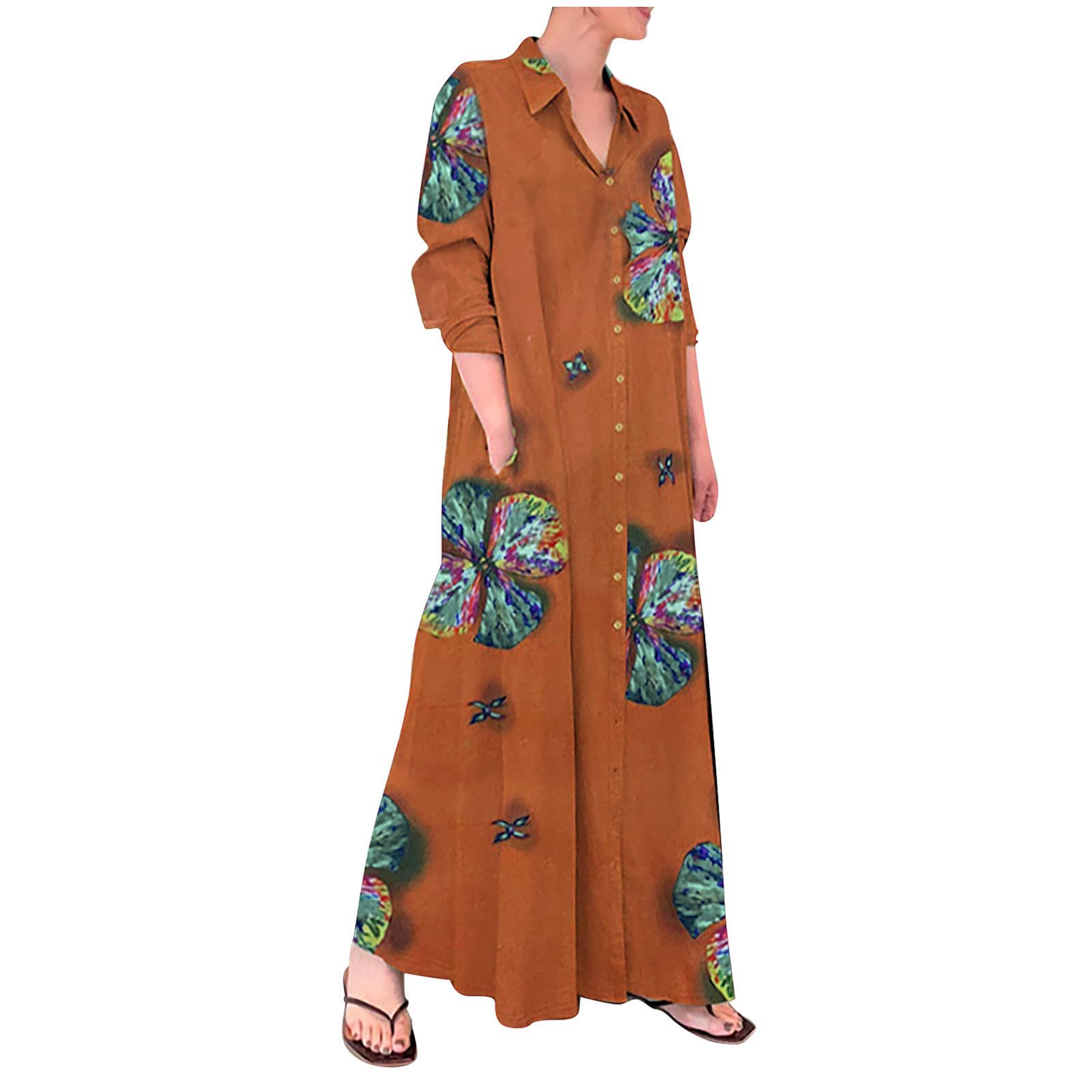 Women's Summer Dresses - Loose Long Sleeve Printed Cotton Linen Shirt Style Dress with Pockets | Casual Beach Wear, Vacation Outfit & Everyday Comfort