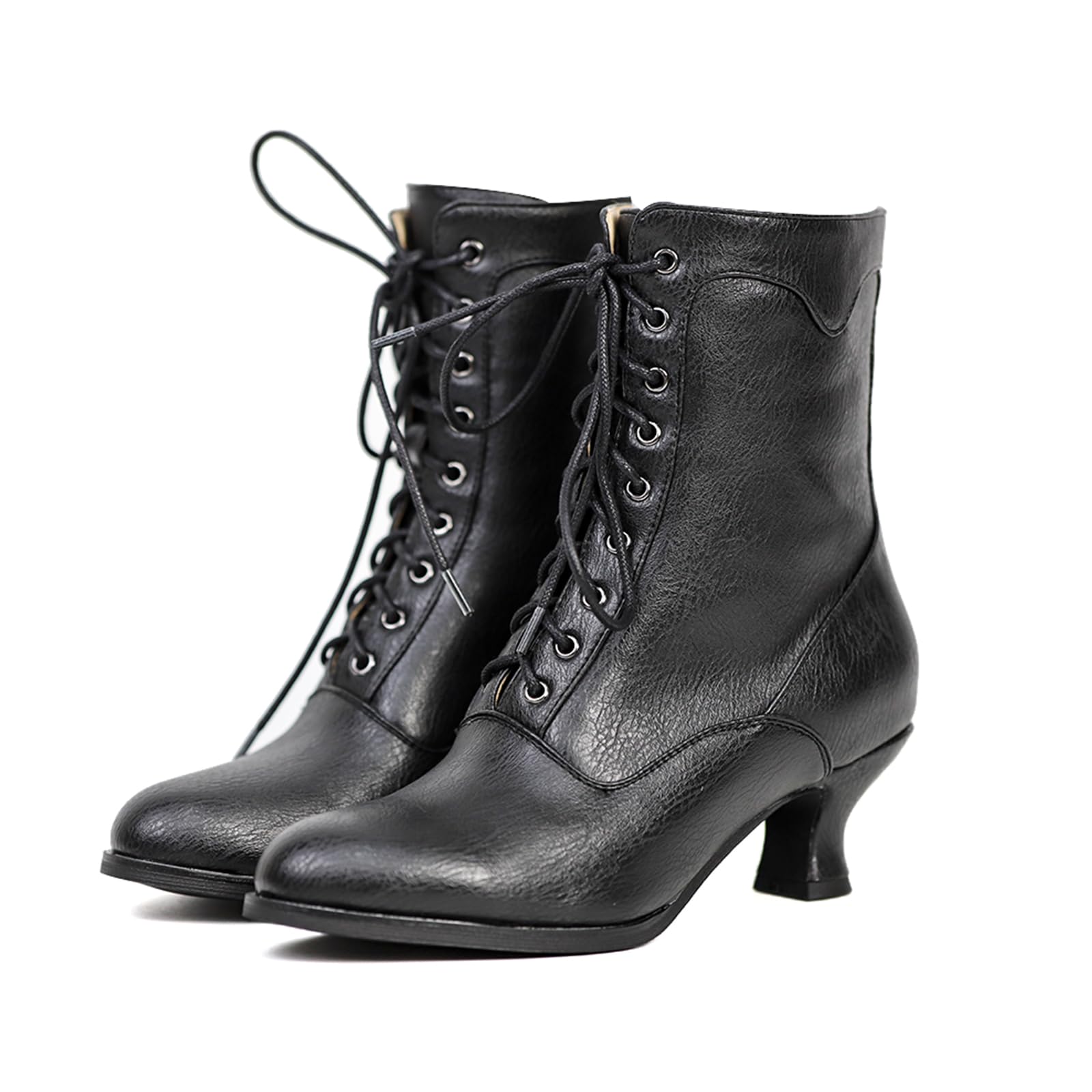 Victorian Style Women's Ankle Boots - Mid Calf Round Toe Black Chunky Heel Lace Up Witch & Knight Boots for Gothic Fashion, Cosplay & Everyday Wear
