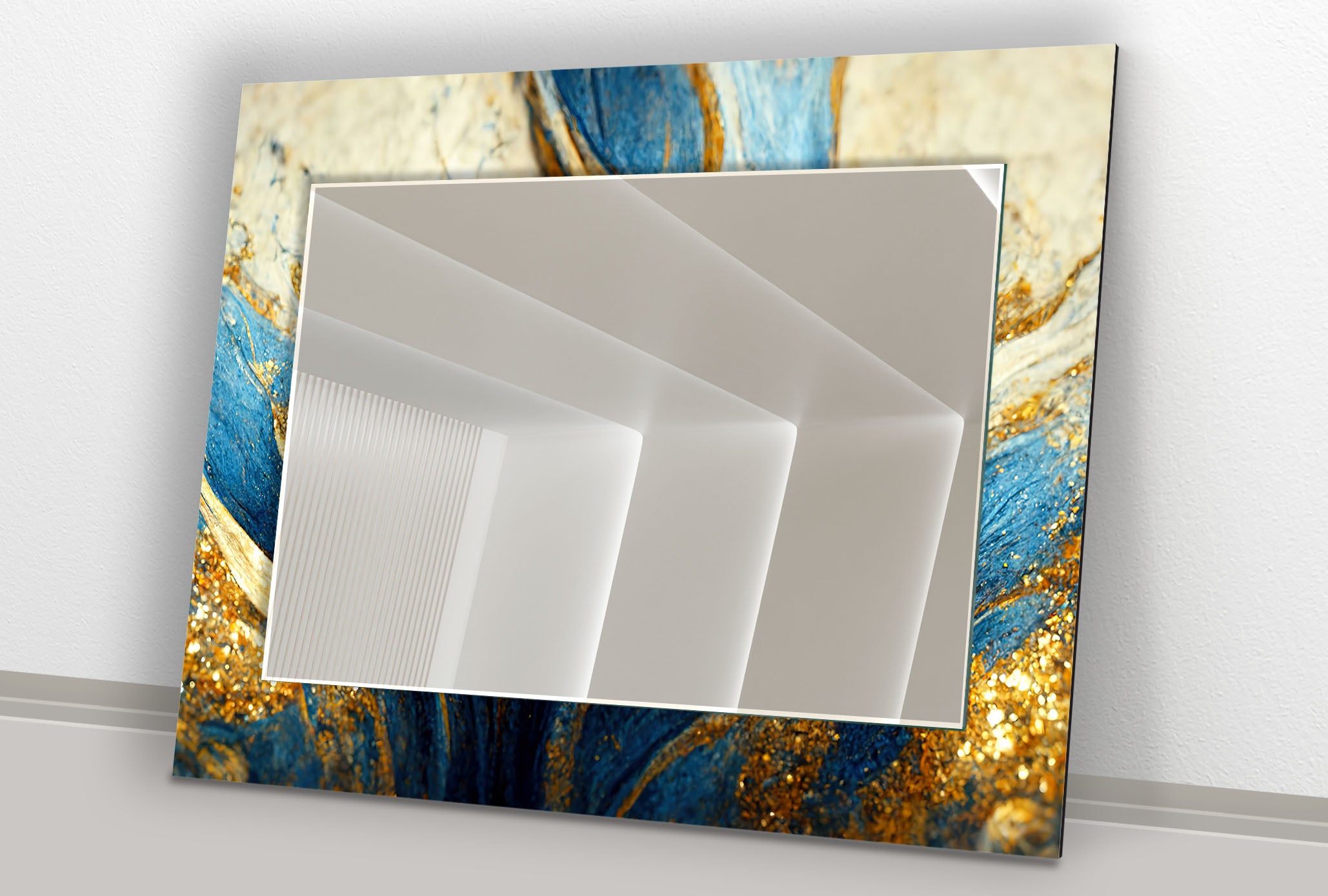 Blue & Gold Marble Glass Wall Mirror - Elegant Abstract Decor for Living Room, Bedroom & Entryway | Stylish Home Accent Piece for Modern Interiors