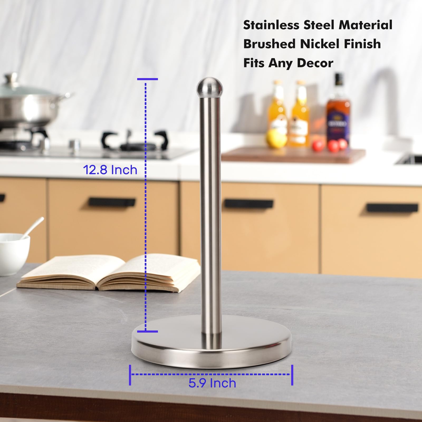 Sturdy Brushed Nickel Paper Towel Holder Stand - Fits Standard & Jumbo Rolls - Countertop & Kitchen Organizer for Home & Office Use
