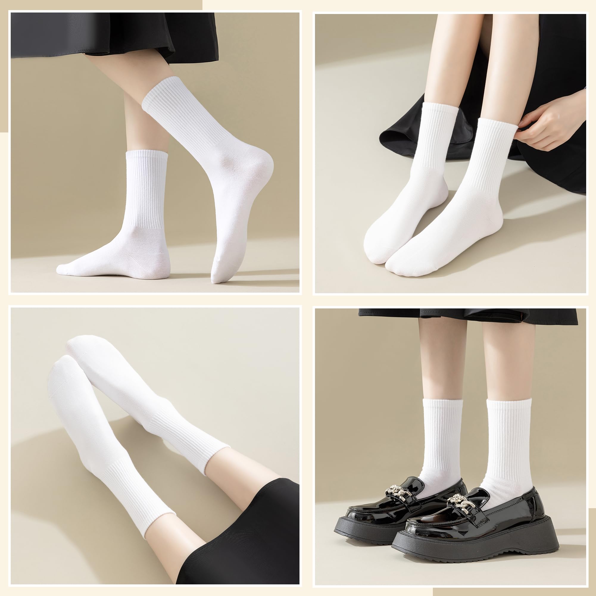 Velice Women's White Crew Socks - 6 Pairs Soft Cotton Thin Casual Calf Socks for Everyday Wear, Workout & Office Use