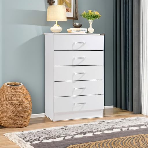HODEDAH 5-Drawer Wooden Dresser for Bedroom - Sturdy Chest of Drawers with Metal Support Rails - White Storage Furniture for Clothes, Bedding & Home Organization