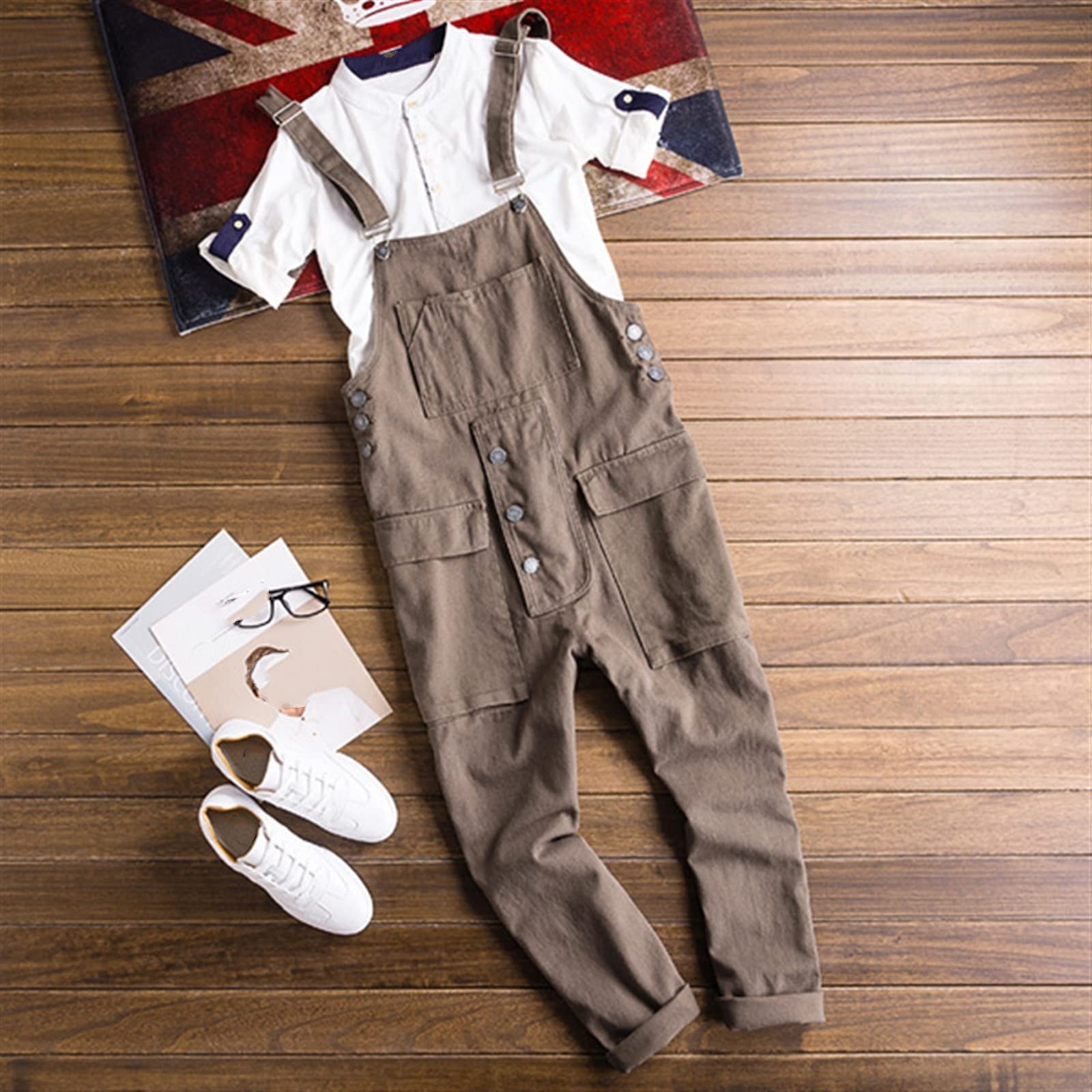 Men's Loose Fit Cargo Bib Overalls with Pockets & Suspenders - Khaki Work Jumpsuit Size 29 - Durable Coveralls for Construction, Farming & Outdoor Activities