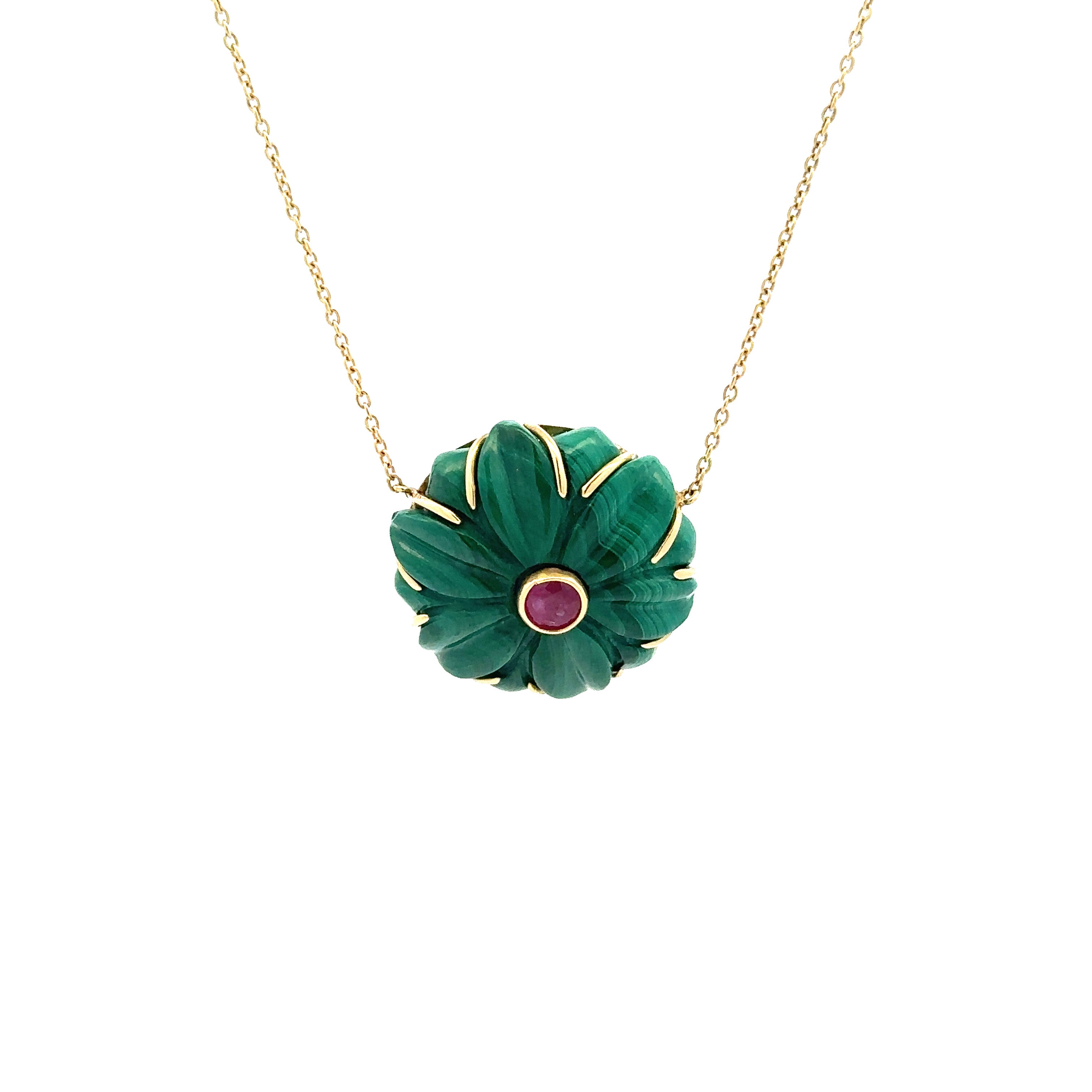 Unique Hand-Carved Malachite Flower Necklace with Bezel-Set Pink Ruby Center - Elegant Bohemian Jewelry for Women, Perfect for Weddings, Parties & Special Occasions