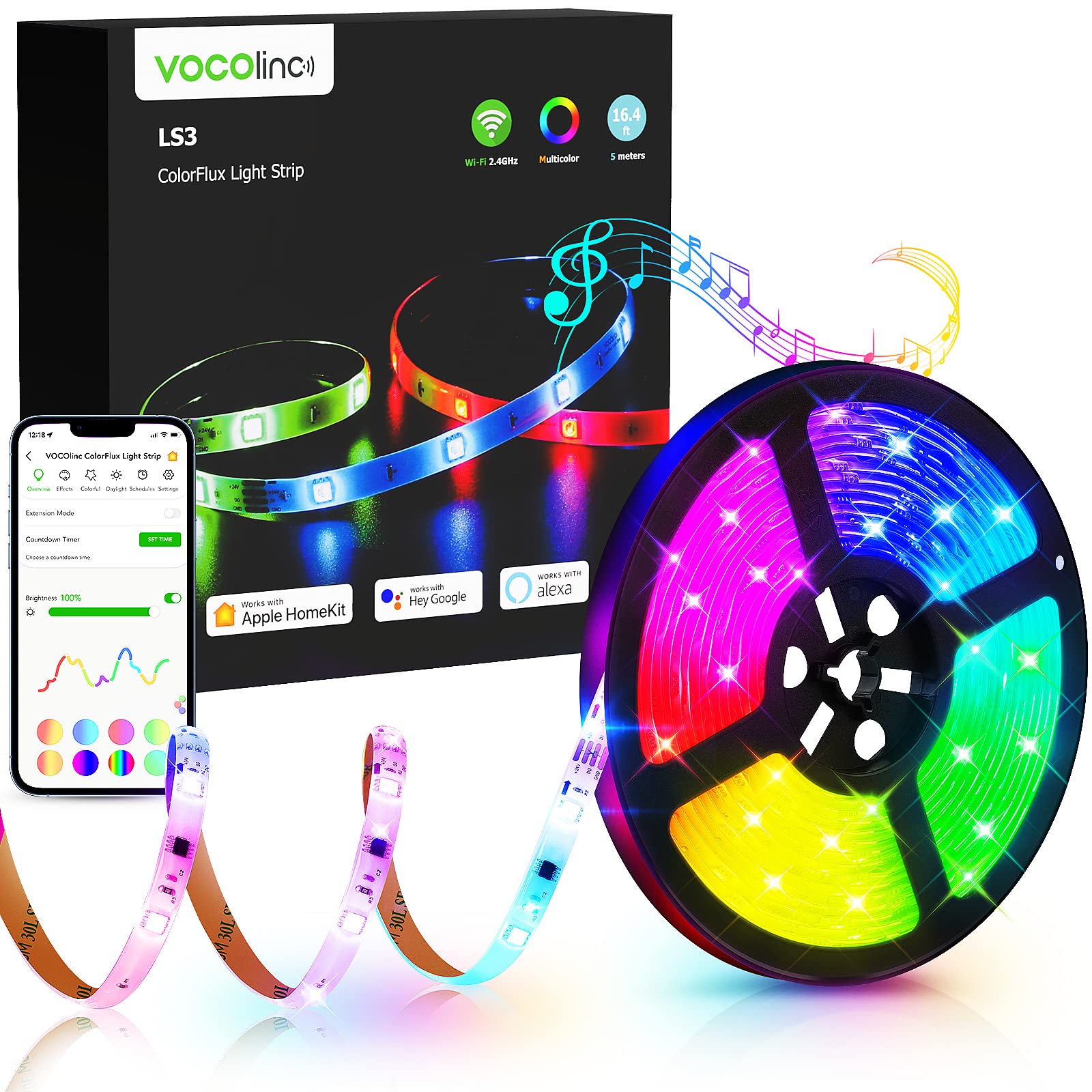 VOCOlinc RGBIC WiFi LED Strip Lights 16.4ft - Smart HomeKit, Alexa, Google Assistant - Music Sync for Bedroom & Room Decor