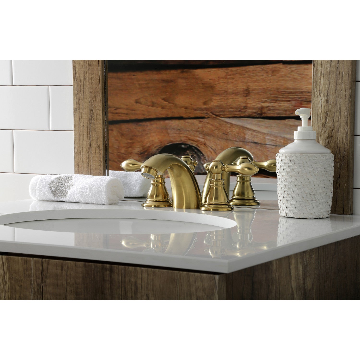 American Classic KB957ACLSB Brushed Brass Two-Handle 3-Hole Deck Mount Mini Widespread Bathroom Faucet with Pop-Up Drain - Perfect for Small Bathrooms & Powder Rooms