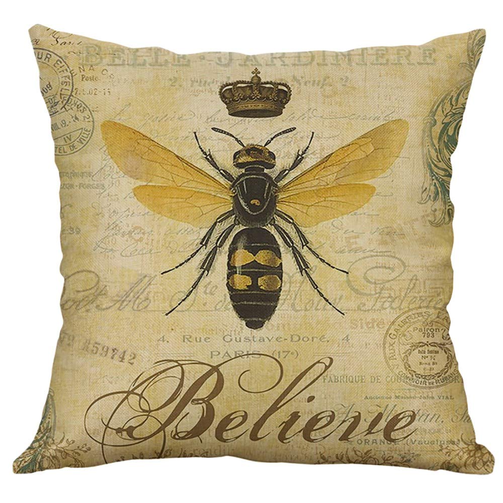 European Style Retro Small Bee Linen Pillow Covers - Farmhouse Decor for Home, Car & Living Room - Soft & Breathable Cushion Case for Sofa, Bed & Nursery Decor