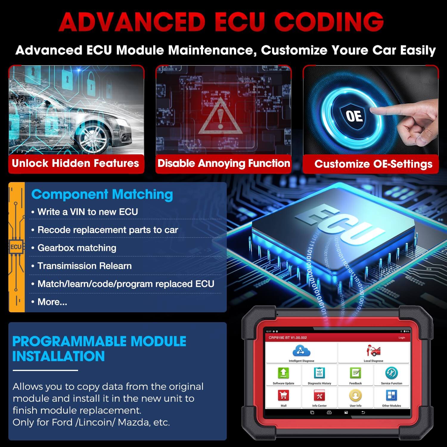 LAUNCH X431 CRP919EBT Wireless CAN FD OBD2 Scanner with Bi-Directional ECU Coding - Professional Automotive Diagnostic Tool for Car Repair & Engine Tuning (Compatible with Most Vehicles)
