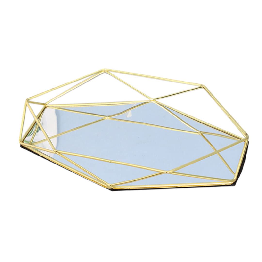 Havamoasa Hexagon Jewelry Storage Tray with Mirror - Metal Makeup Organizer & Dresser Tray for Rings, Earrings, Necklaces - Perfect for Vanity, Bathroom, and Bedroom Organization