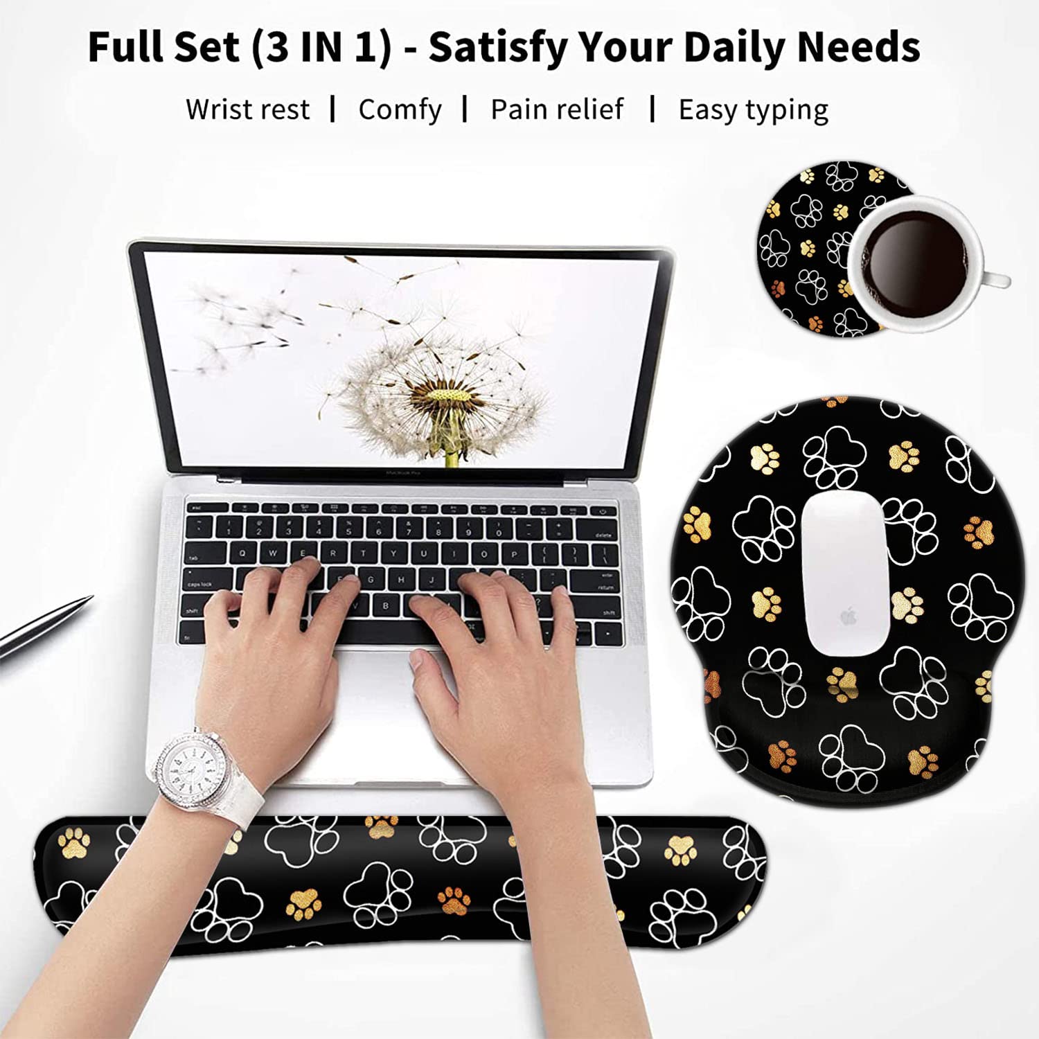 Ergonomic Keyboard Wrist Rest & Mouse Pad Set with Memory Foam & Gel Support - Cute Dog Paw Prints in Gold & White for Pain Relief & Comfort - Perfect for Office, Gaming & Long Computer Work Sessions