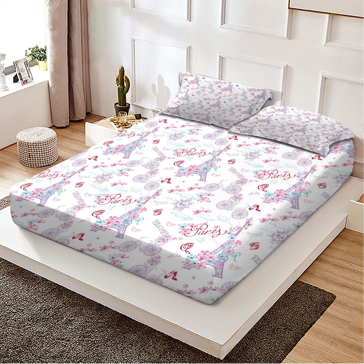 Romantic Eiffel Tower & Floral Printed Twin/Twin XL Fitted Sheet Set - Ultra Soft, Breathable 2-Piece Bedding Decor - Perfect Fit for Mattress (Pale Blue) | Ideal for Paris-Themed Bedrooms, Guest Rooms & Dorm Decorations