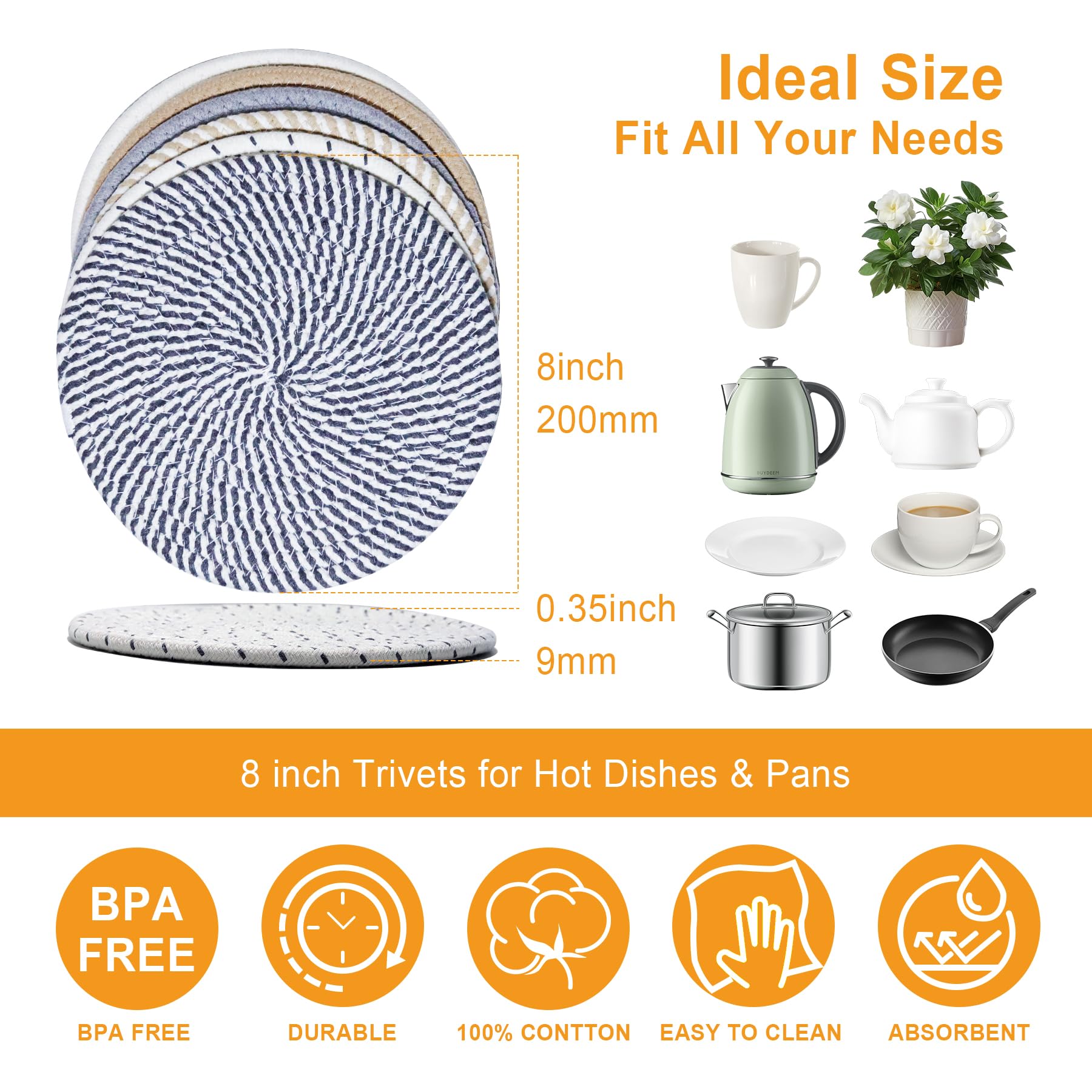 8 Inch Heat Resistant Trivets for Hot Dishes, Pots & Pans - Set of 6 Large Kitchen Coasters - Gray Table Decor for Dining, Serving & Home Protection