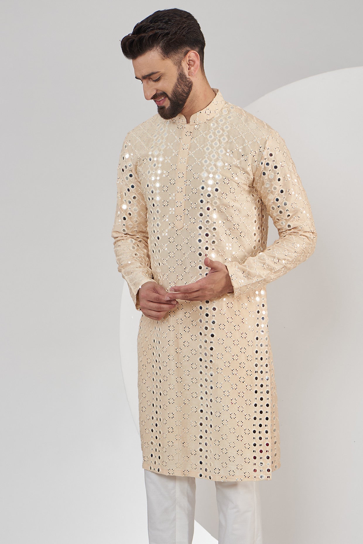 Light Beige Mirrorwork Kurta for Women | Embroidered Ethnic Tunic Top | Boho Chic Indian Apparel | Perfect for Festivals, Weddings & Cultural Events