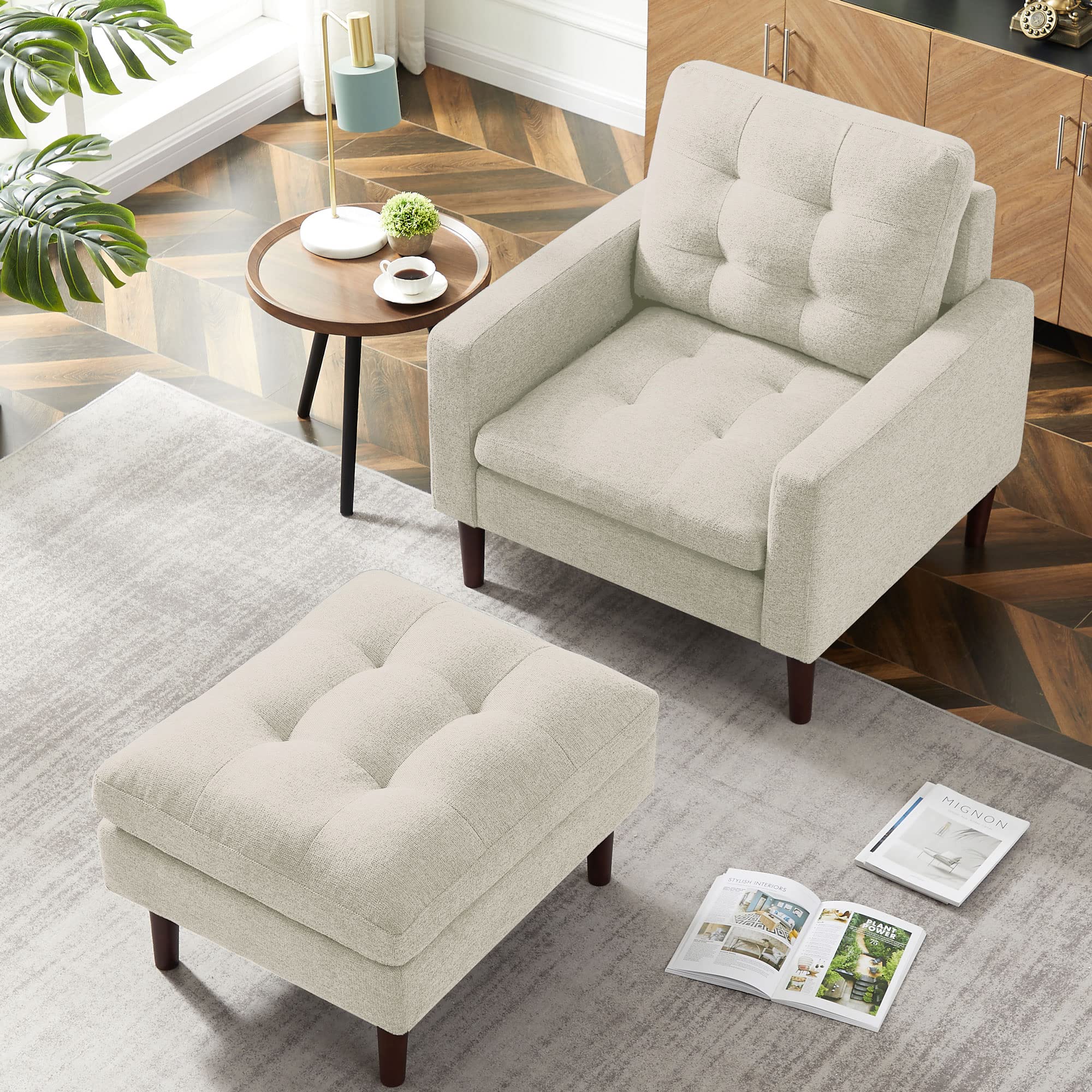 Tmosi Beige Linen Accent Chair with Ottoman - Tufted Club Armchair with Solid Wood Frame, Comfortable Reading Chair with Footrest for Living Room & Bedroom | Perfect for Relaxing, Reading & Home Decor