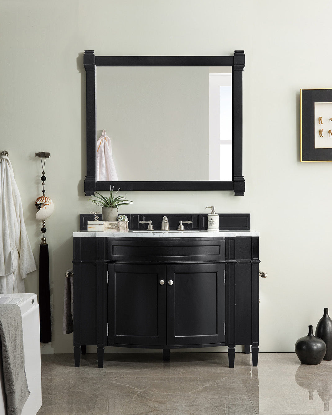 Brittany 46 Inch Single Bathroom Vanity Set - Black Onyx with 3CM White Zeus Quartz Countertop | Modern Sink Cabinet for Master Bath, Guest Bath & Powder Room