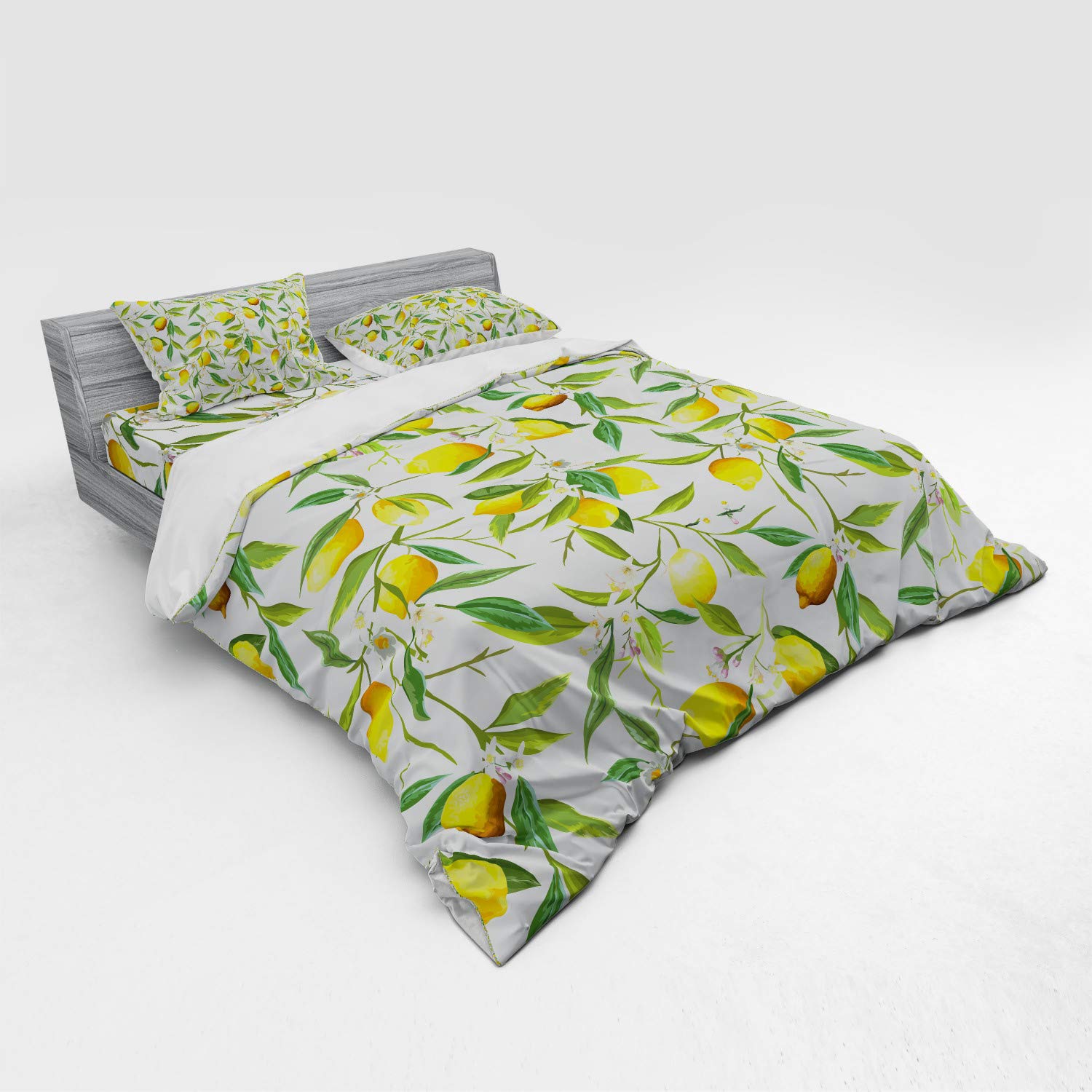 Ambesonne Nature Bedding Set - 4 Piece King Size Duvet Cover with Shams & Fitted Sheet, Flowering Lemon Citrus Print in Fern Green Yellow White | Botanical Themed Bedroom Decor for Modern Homes