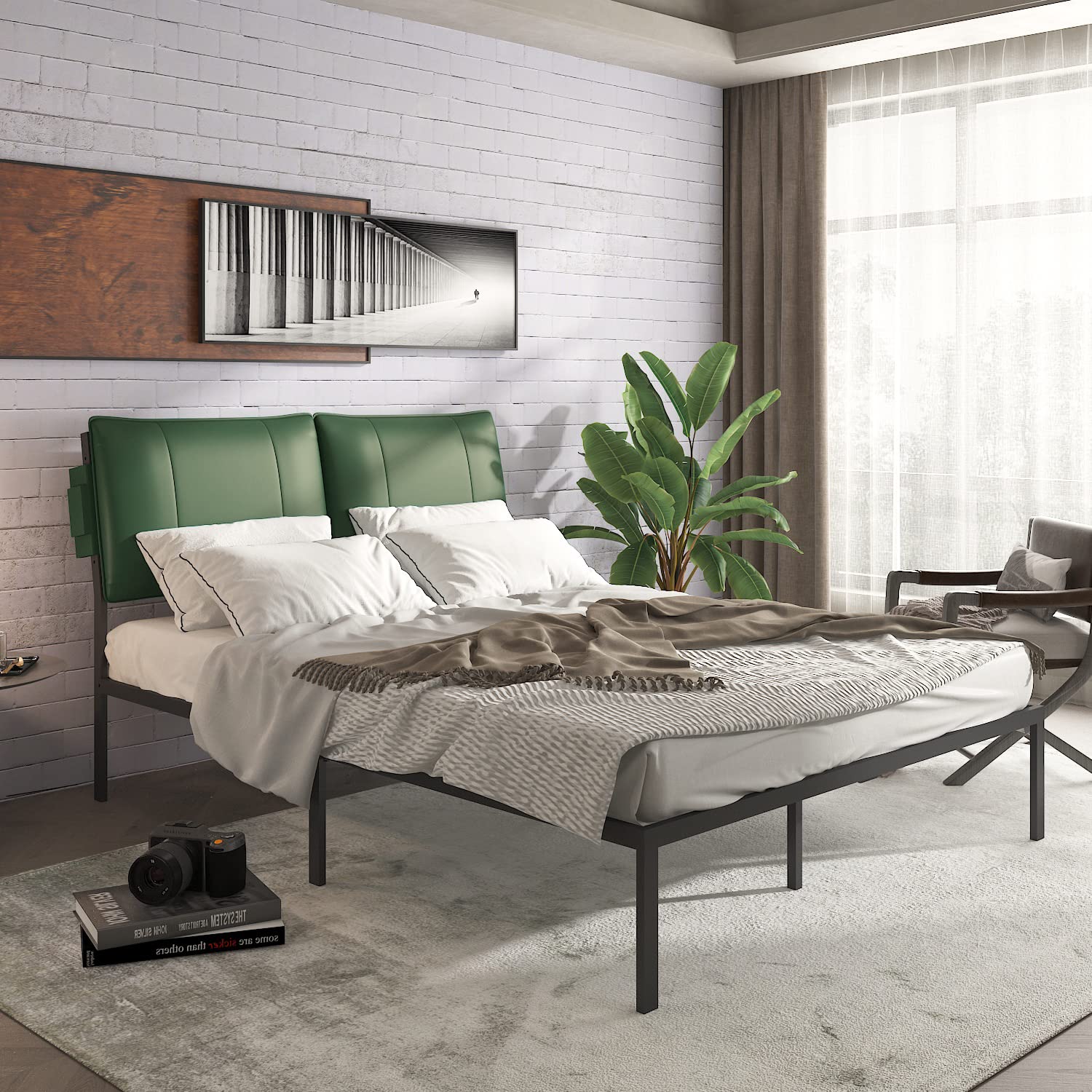 Queen Size Metal Bed Frame with Green Leathaire Headboard - Heavy Duty Steel Platform Bed with Reinforced Metal Slats, No Box Spring Needed - Modern Black Bed Frame for Master Bedroom, Guest Room & Dorm