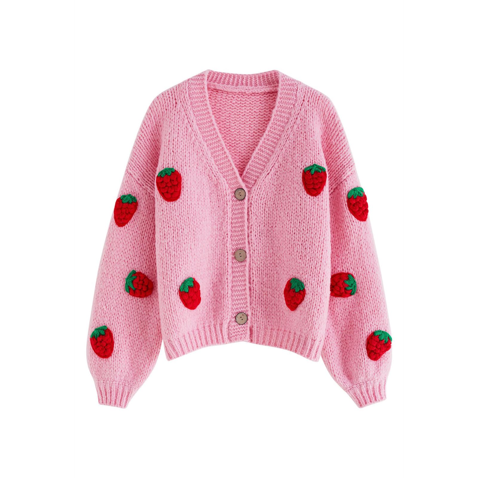 CHICWISH Women's Candy Pink & Cream Strawberry Button Up Hand Knit Cardigan Sweater | Cute Casual Knitwear for Spring & Fall | Perfect for Dates, Office, and Coffee Outings